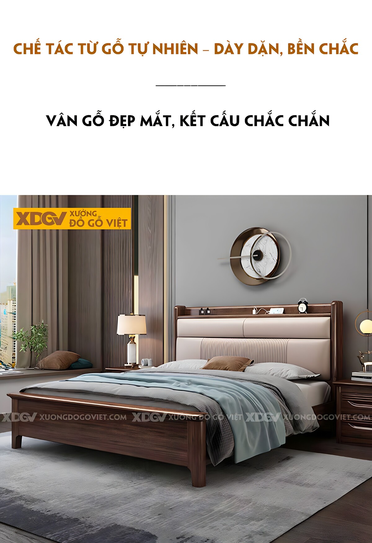 Giường Ngủ Gỗ Óc Chó Đầu Bọc Nệm 2 Tầng Tích Hợp Kệ Đựng Đồ