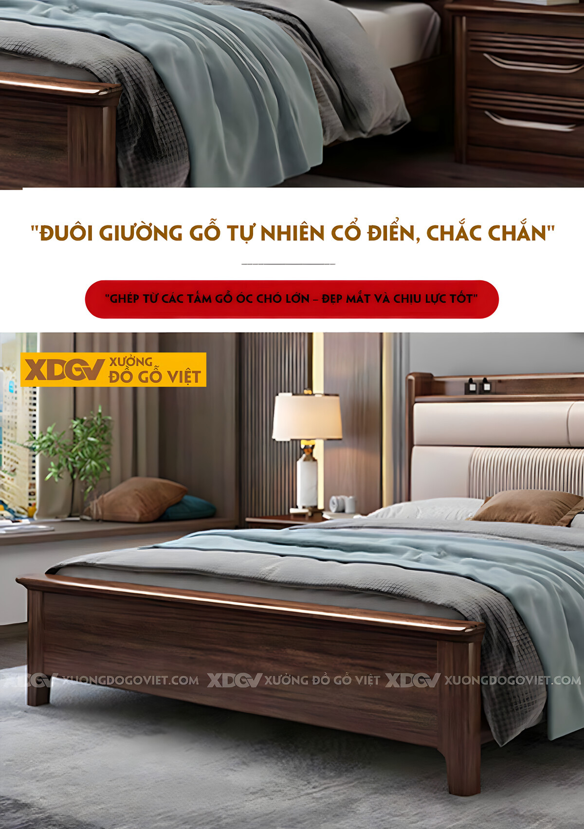 Giường Ngủ Gỗ Óc Chó Đầu Bọc Nệm 2 Tầng Tích Hợp Kệ Đựng Đồ