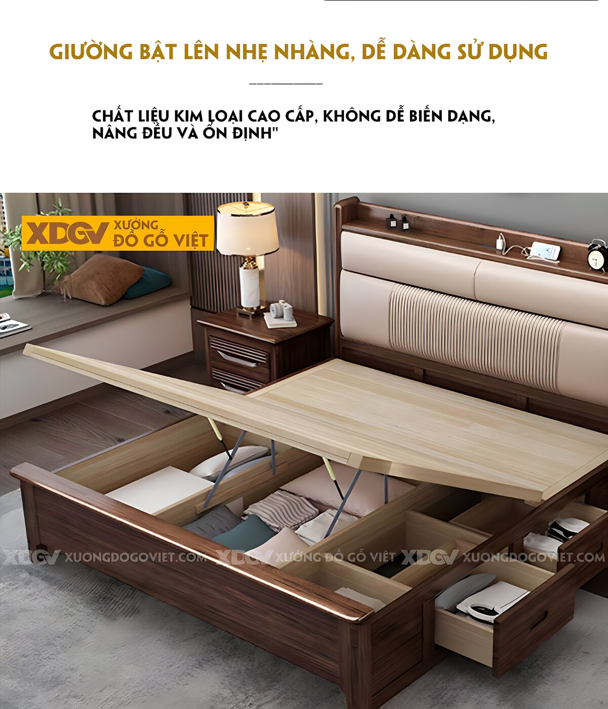 Giường Ngủ Gỗ Óc Chó Đầu Bọc Nệm 2 Tầng Tích Hợp Kệ Đựng Đồ