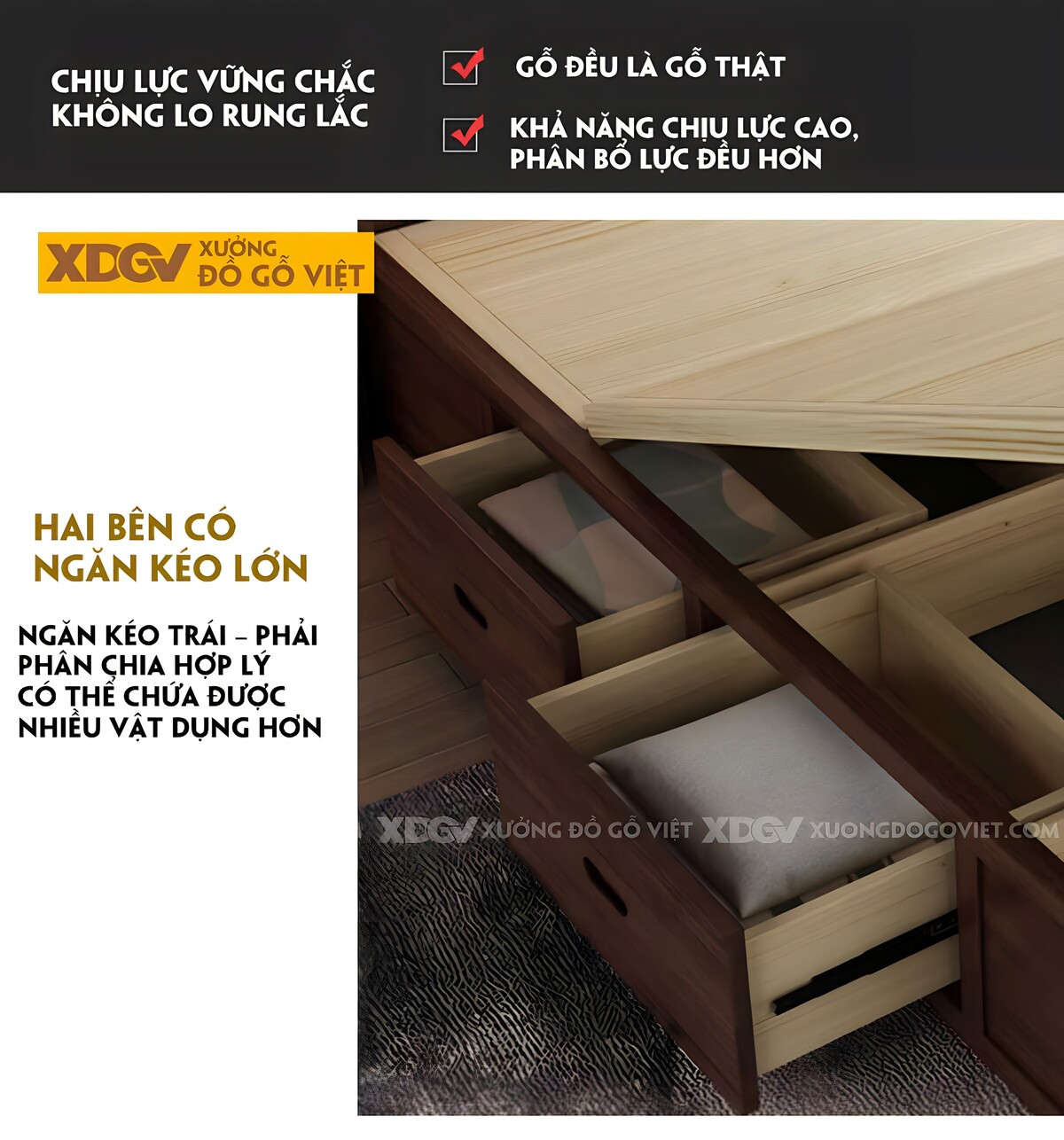 Giường Ngủ Gỗ Óc Chó Đầu Bọc Nệm 2 Tầng Tích Hợp Kệ Đựng Đồ