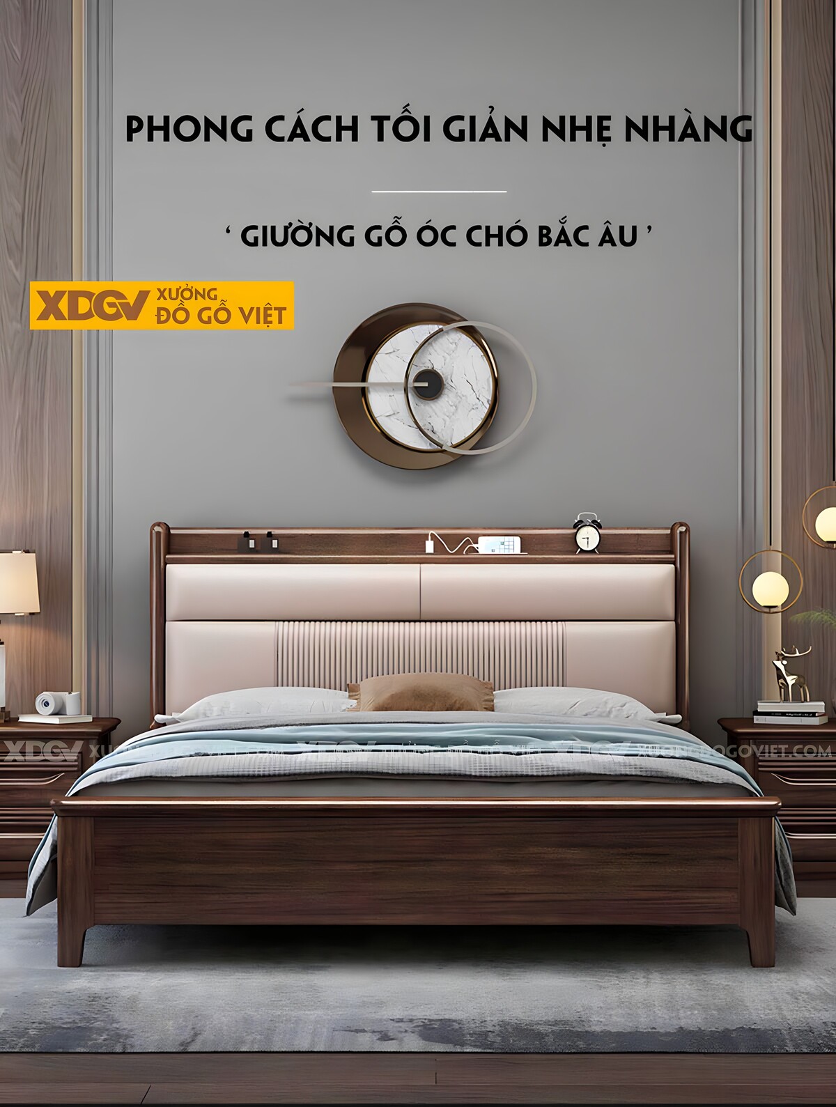 Giường Ngủ Gỗ Óc Chó Đầu Bọc Nệm 2 Tầng Tích Hợp Kệ Đựng Đồ