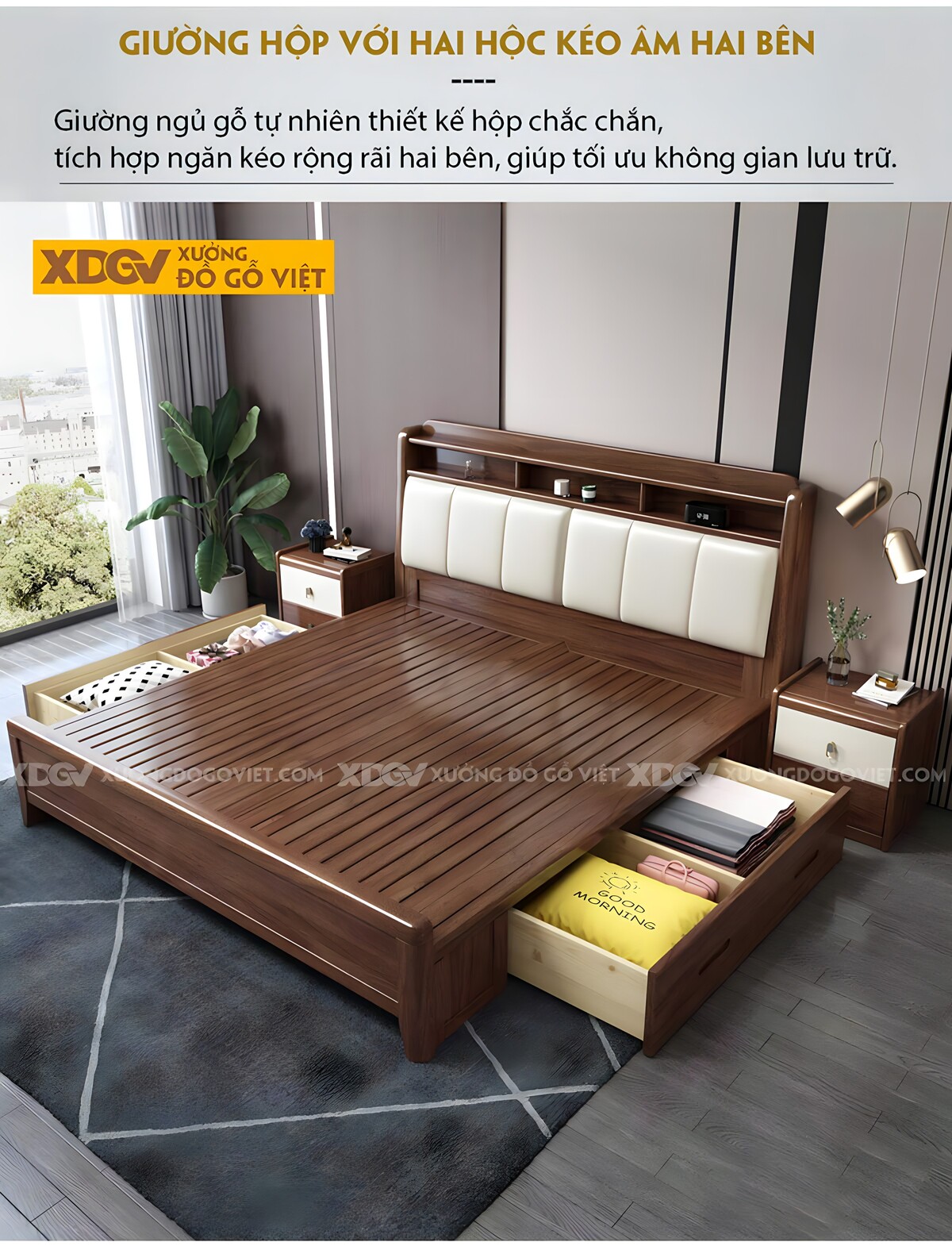 Giường Ngủ Gỗ Óc Chó Đầu Bọc Nệm Đôi Kệ Đầu Trên 2 Tầng