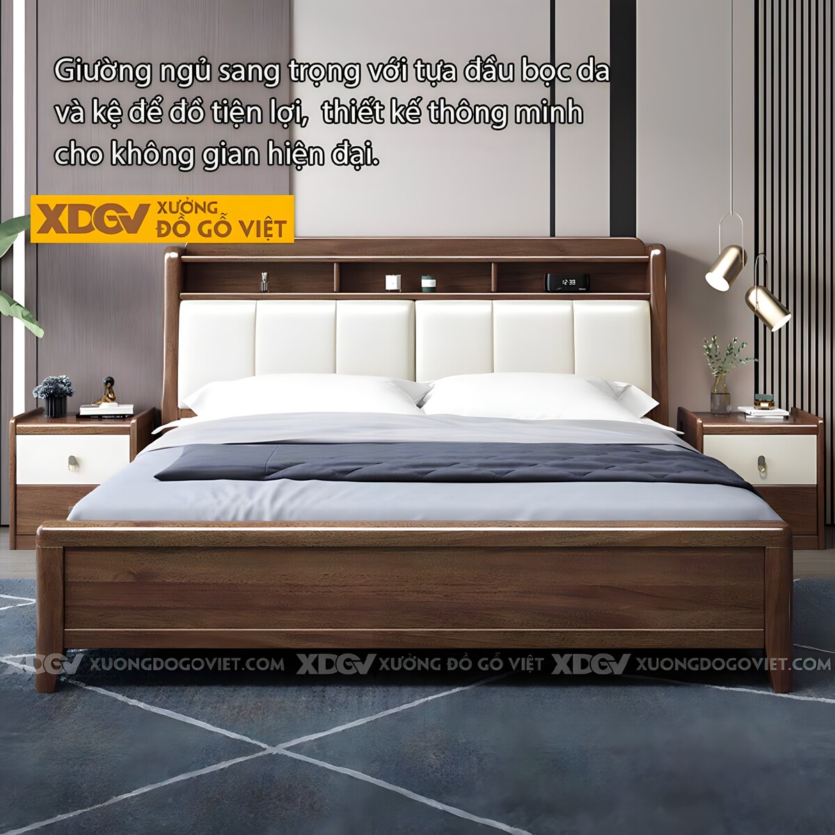 Giường Ngủ Gỗ Óc Chó Đầu Bọc Nệm Đôi Kệ Đầu Trên 2 Tầng