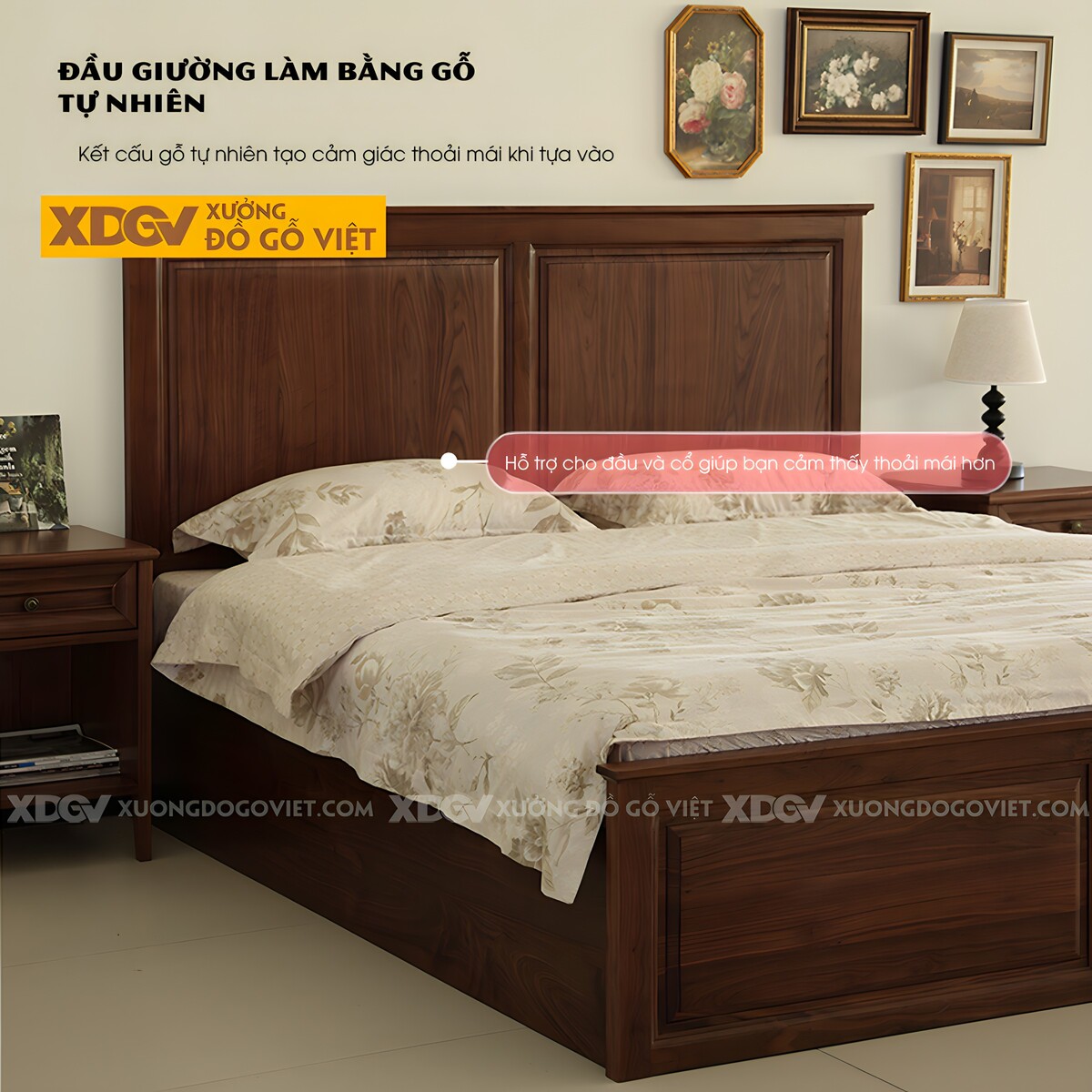 Giường Ngủ Gỗ Óc Chó Đầu Đuôi Kết Cấu Pano Đối Xứng