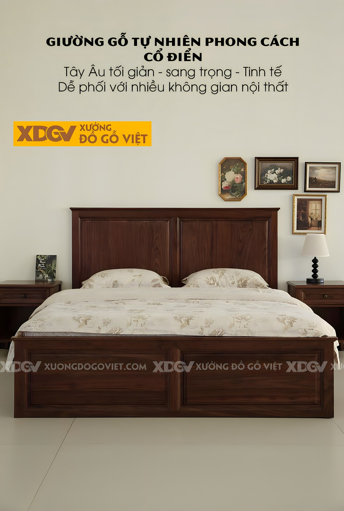 Giường Ngủ Gỗ Óc Chó Đầu Đuôi Kết Cấu Pano Đối Xứng