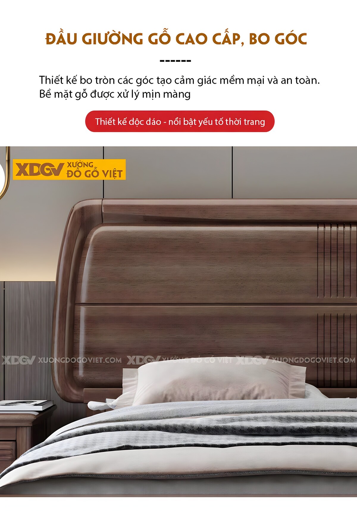 Giường Ngủ Gỗ Óc Chó Đầu Panel Ngang Sọc Dọc Giữa Đối Xứng