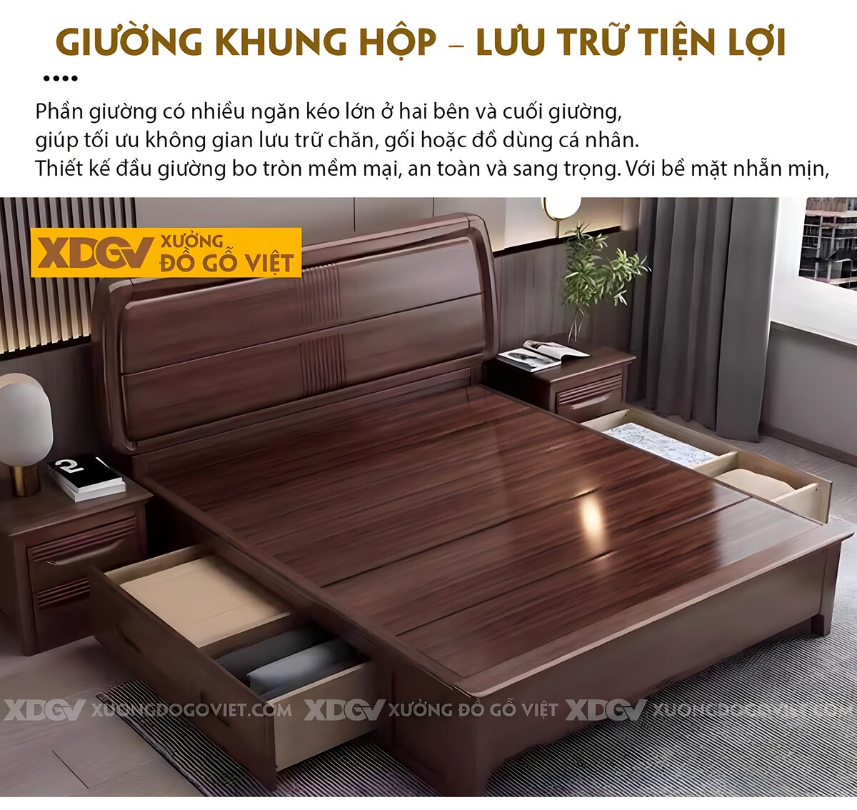 Giường Ngủ Gỗ Óc Chó Đầu Panel Ngang Sọc Dọc Giữa Đối Xứng