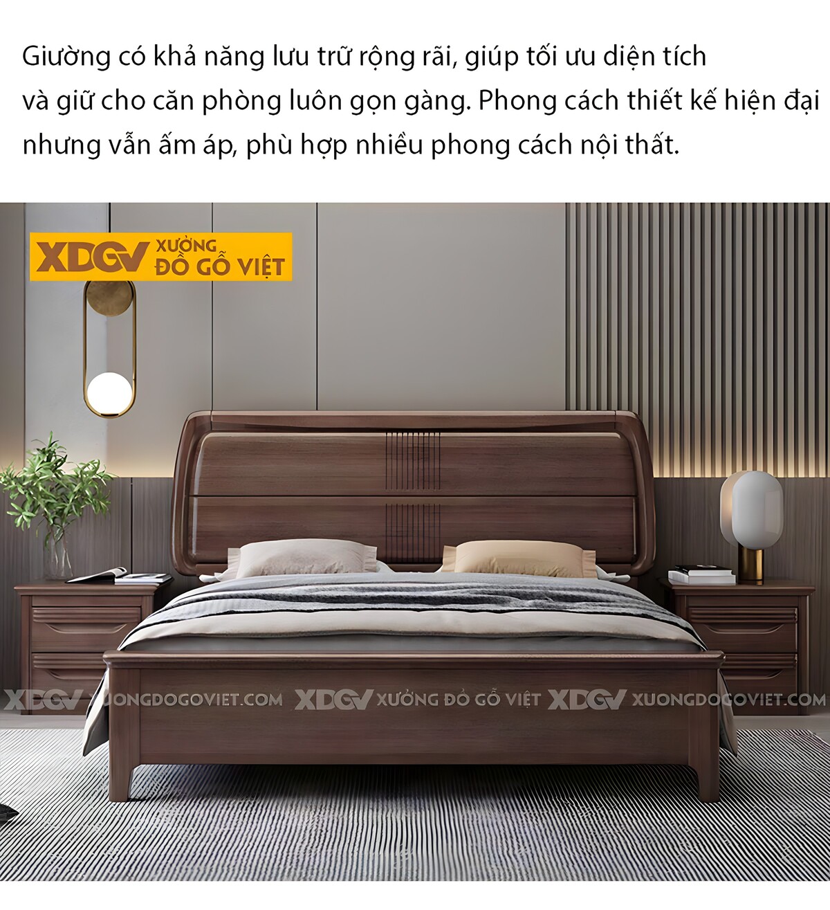 Giường Ngủ Gỗ Óc Chó Đầu Panel Ngang Sọc Dọc Giữa Đối Xứng