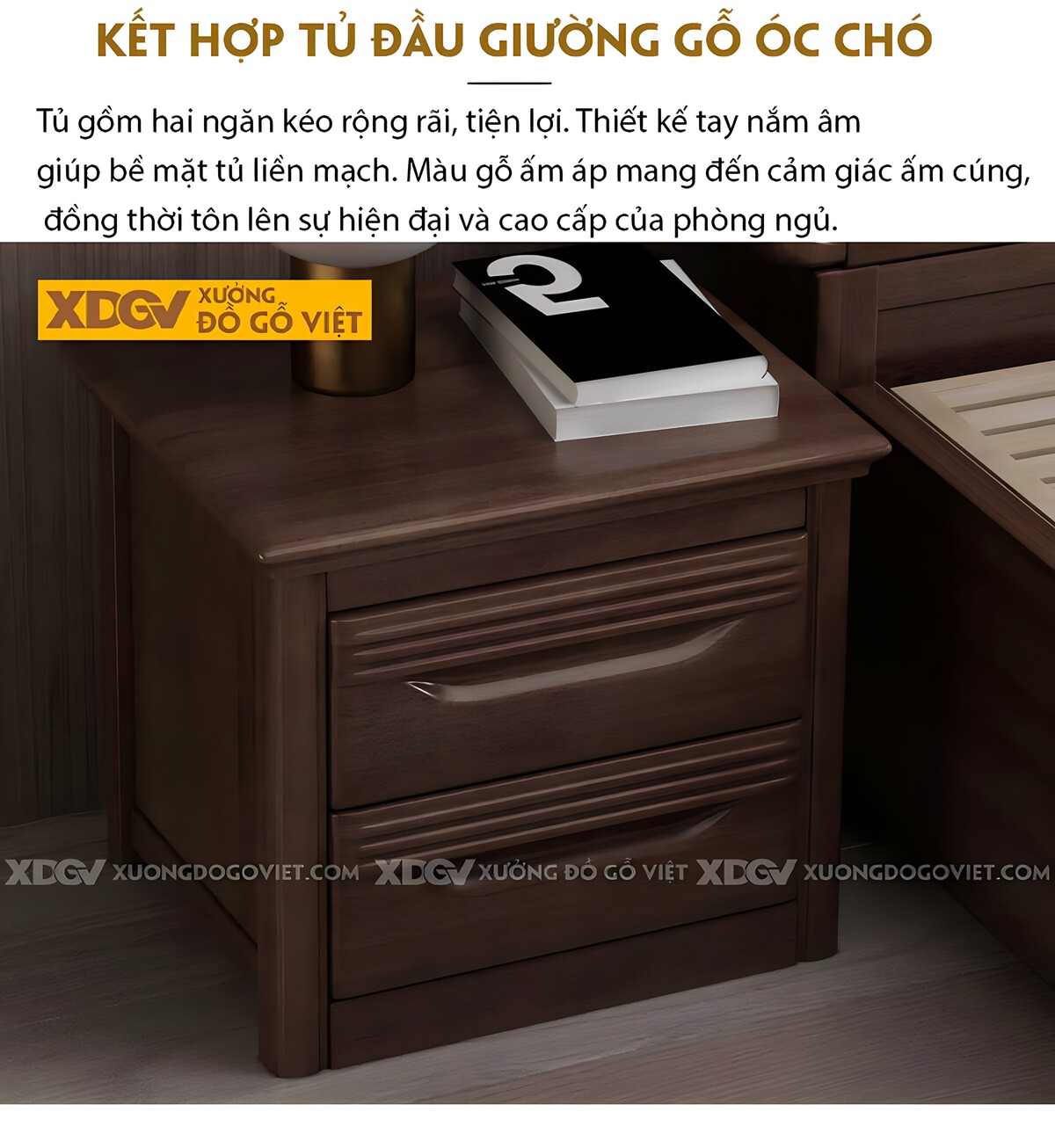 Giường Ngủ Gỗ Óc Chó Đầu Panel Ngang Sọc Dọc Giữa Đối Xứng