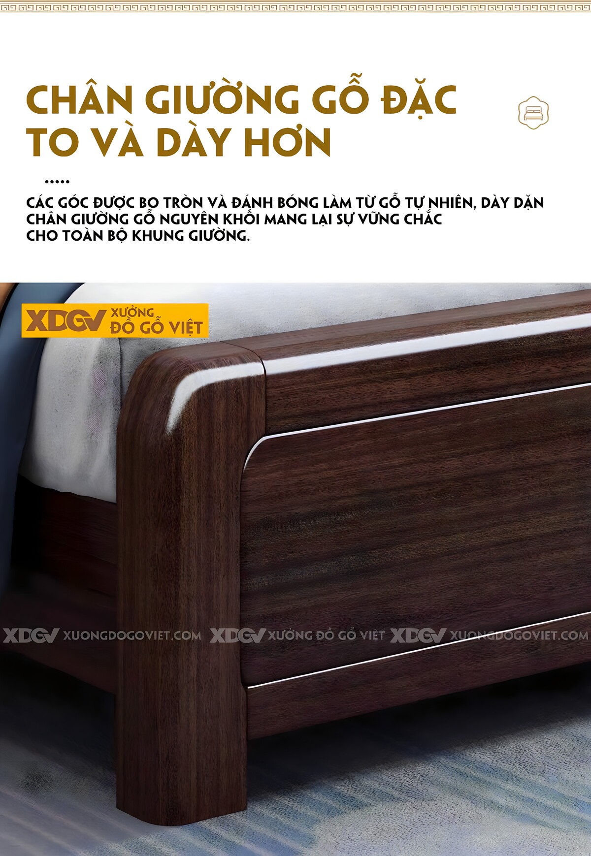 Giường Ngủ Gỗ Óc Chó Góc Bo Tròn Đầu Bọc Nệm Trên Sọc Dọc