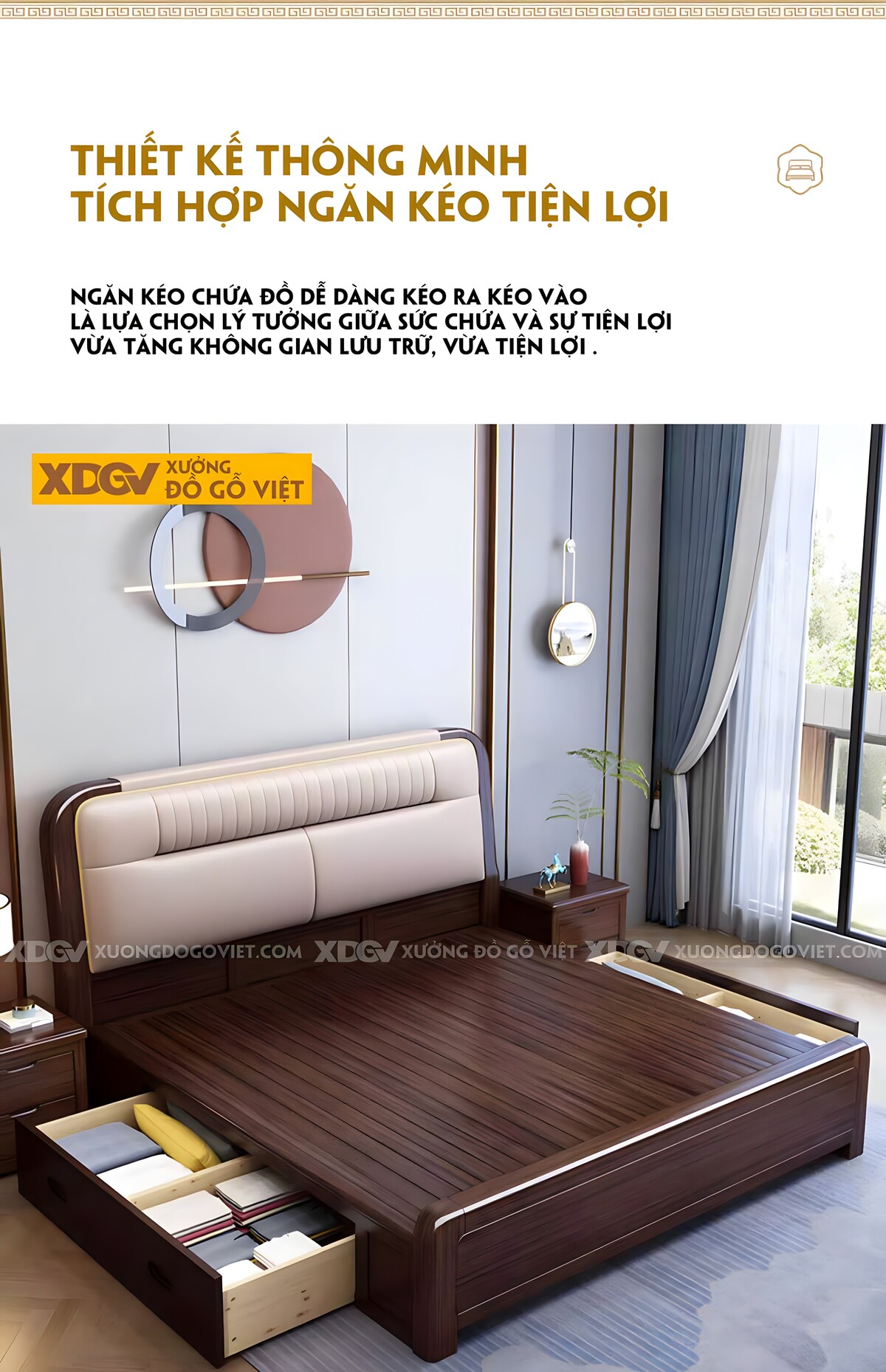 Giường Ngủ Gỗ Óc Chó Góc Bo Tròn Đầu Bọc Nệm Trên Sọc Dọc