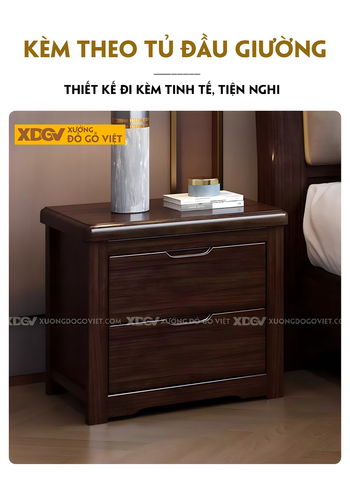 Giường Ngủ Gỗ Óc Chó Góc Bo Tròn Đầu Bọc Nệm Trên Sọc Dọc