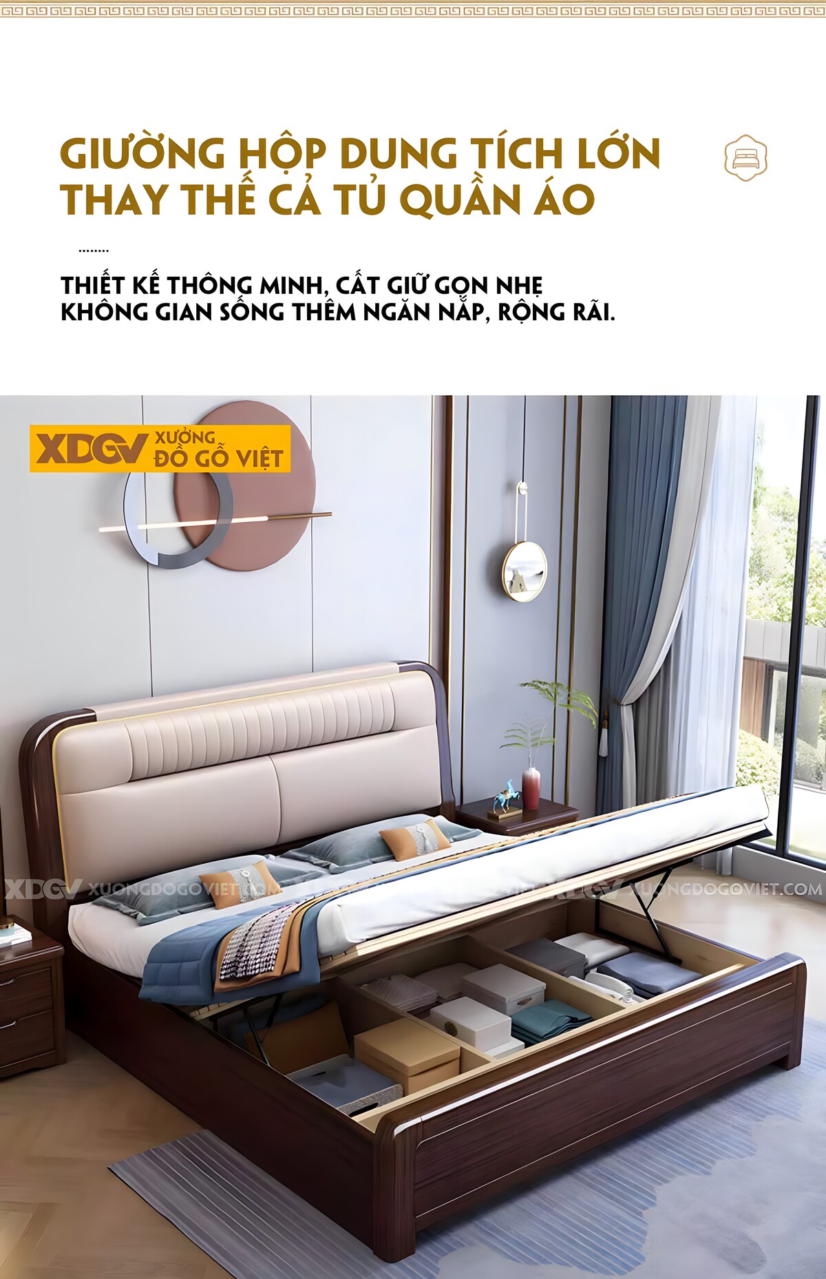 Giường Ngủ Gỗ Óc Chó Góc Bo Tròn Đầu Bọc Nệm Trên Sọc Dọc