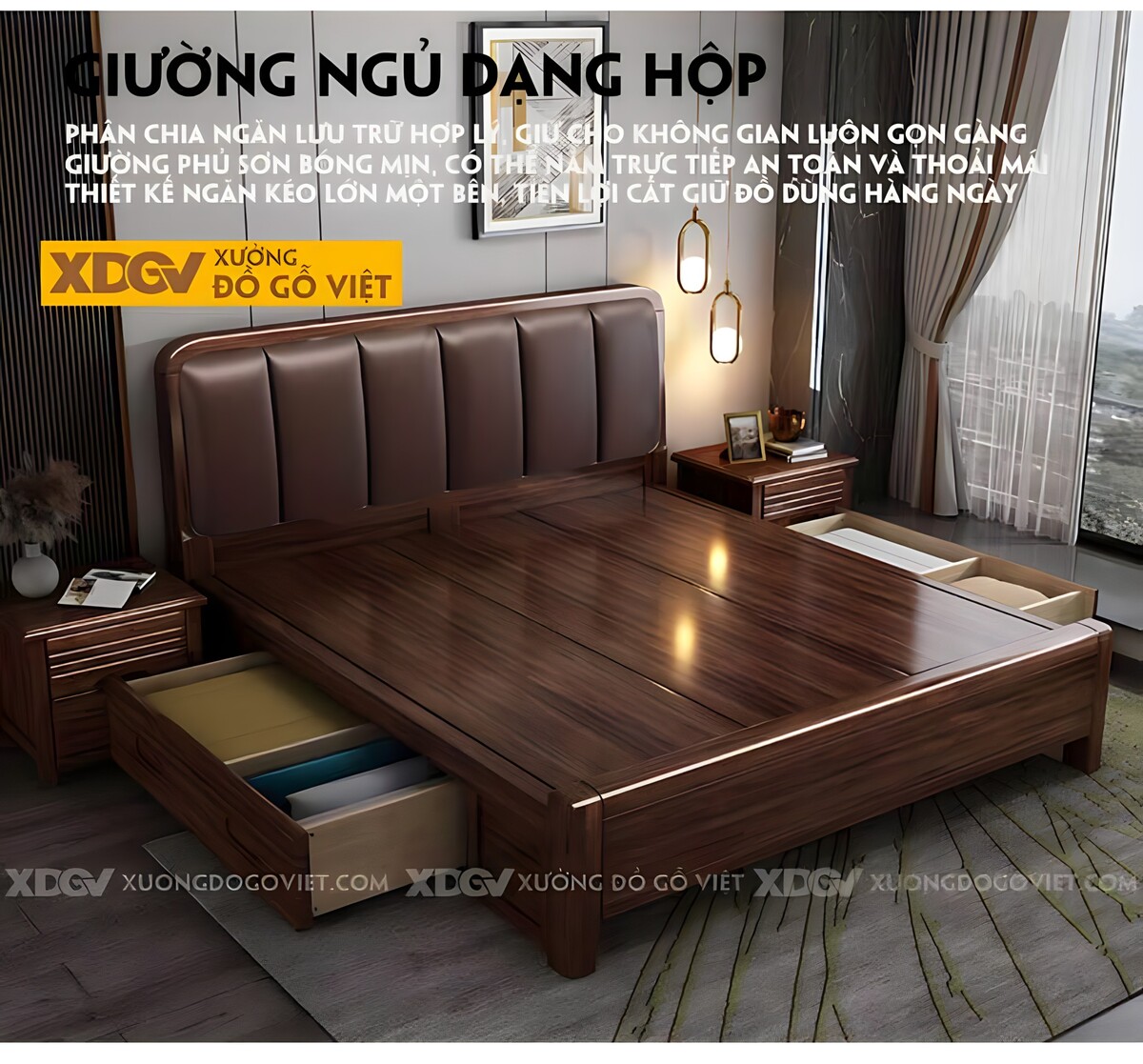 Giường Ngủ Gỗ Óc Chó Hiện Đại Đầu Bo Góc Bọc Vải Nâu Cao Cấp