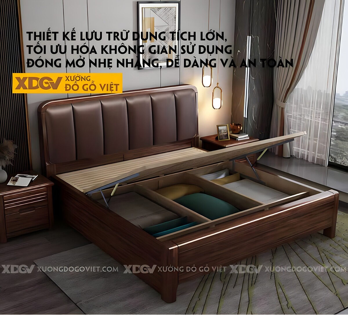 Giường Ngủ Gỗ Óc Chó Hiện Đại Đầu Bo Góc Bọc Vải Nâu Cao Cấp