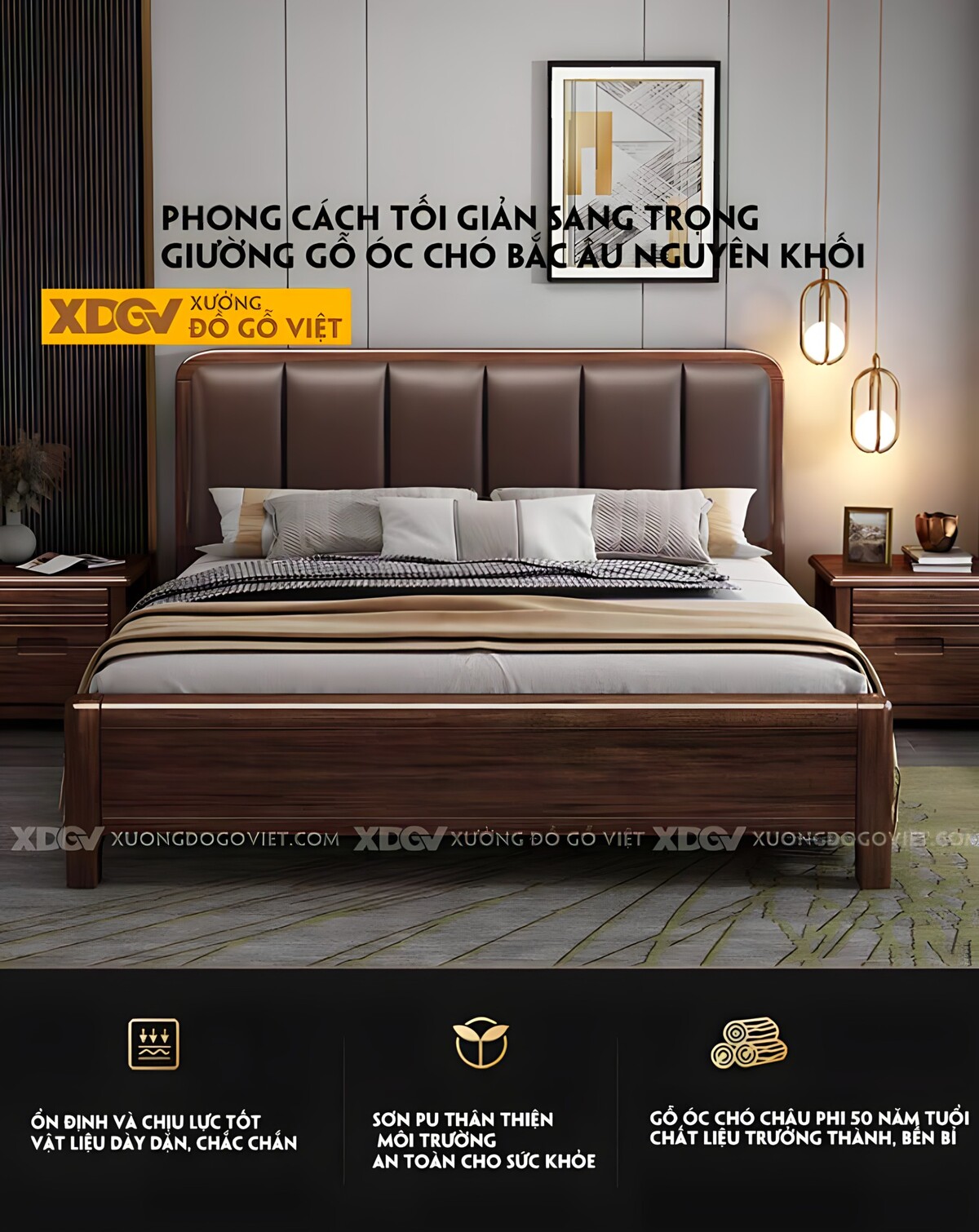 Giường Ngủ Gỗ Óc Chó Hiện Đại Đầu Bo Góc Bọc Vải Nâu Cao Cấp