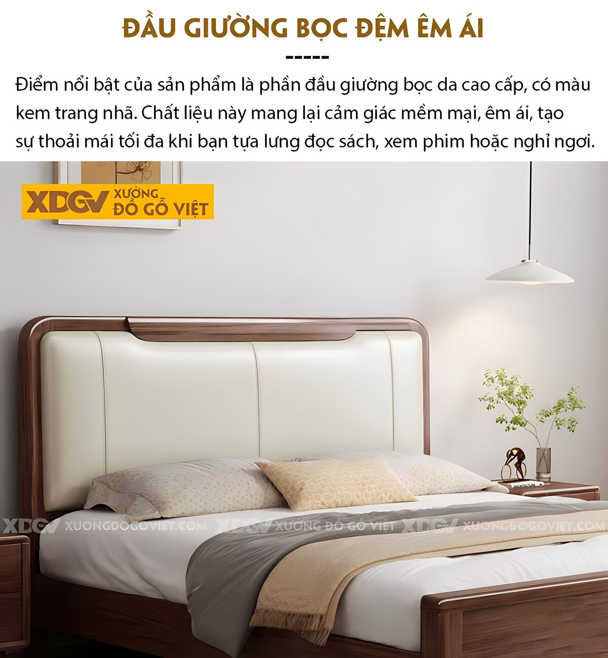 Giường Ngủ Gỗ Óc Chó Hiện Đại Đầu Bo Tròn Bọc Nệm Kẻ Chỉ