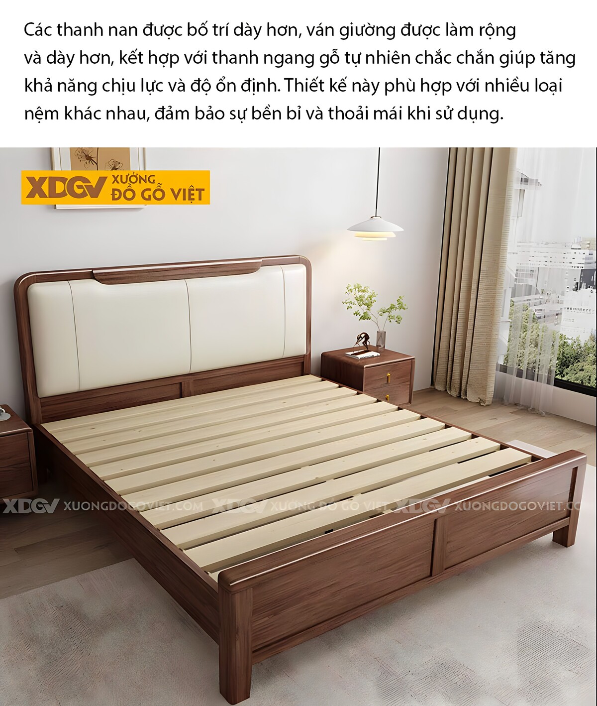 Giường Ngủ Gỗ Óc Chó Hiện Đại Đầu Bo Tròn Bọc Nệm Kẻ Chỉ