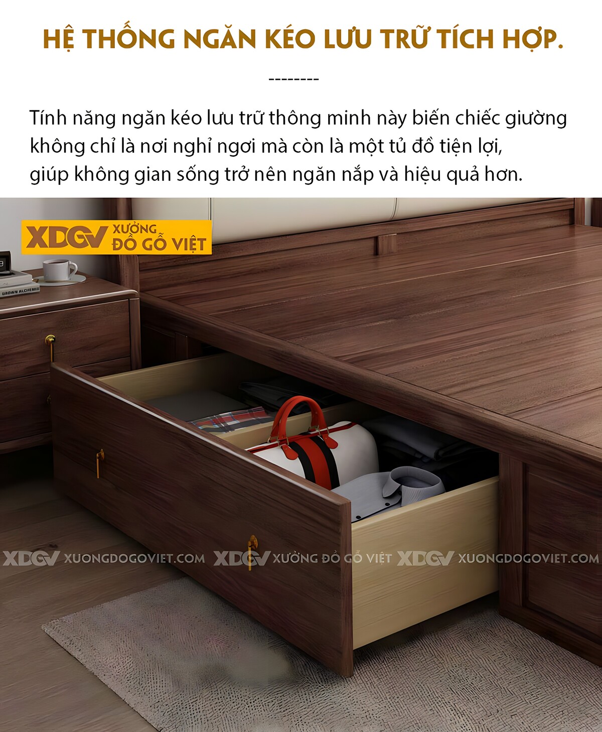 Giường Ngủ Gỗ Óc Chó Hiện Đại Đầu Bo Tròn Bọc Nệm Kẻ Chỉ