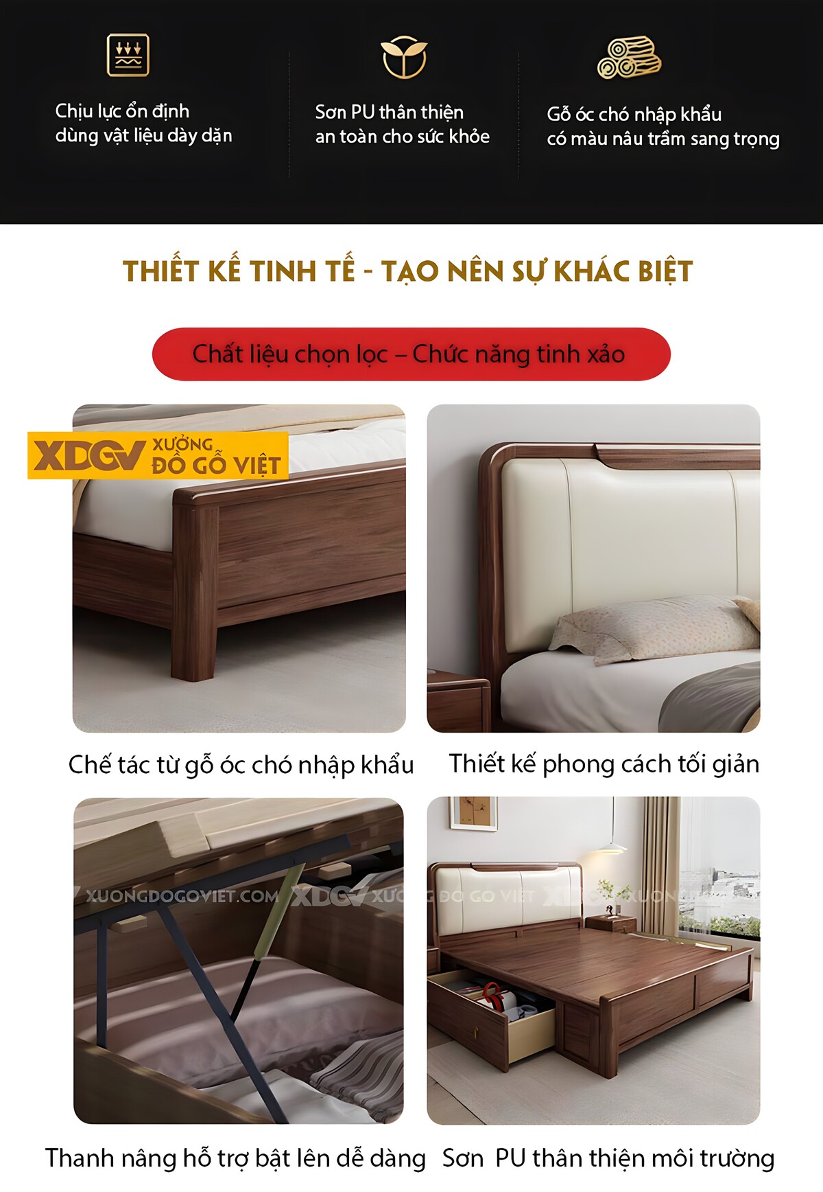 Giường Ngủ Gỗ Óc Chó Hiện Đại Đầu Bo Tròn Bọc Nệm Kẻ Chỉ