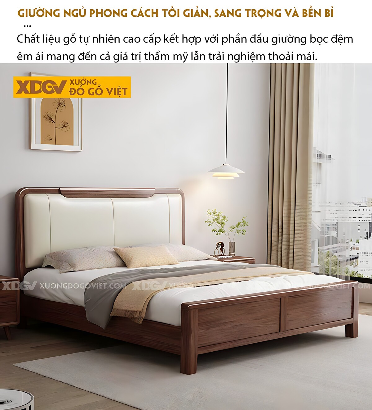 Giường Ngủ Gỗ Óc Chó Hiện Đại Đầu Bo Tròn Bọc Nệm Kẻ Chỉ