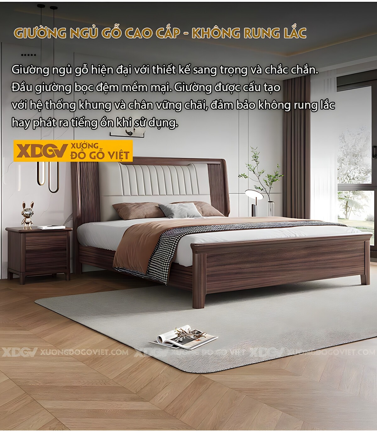 Giường Ngủ Gỗ Óc Chó Hiện Đại Đầu Bọc Đệm Múi Dọc Đối Xứng