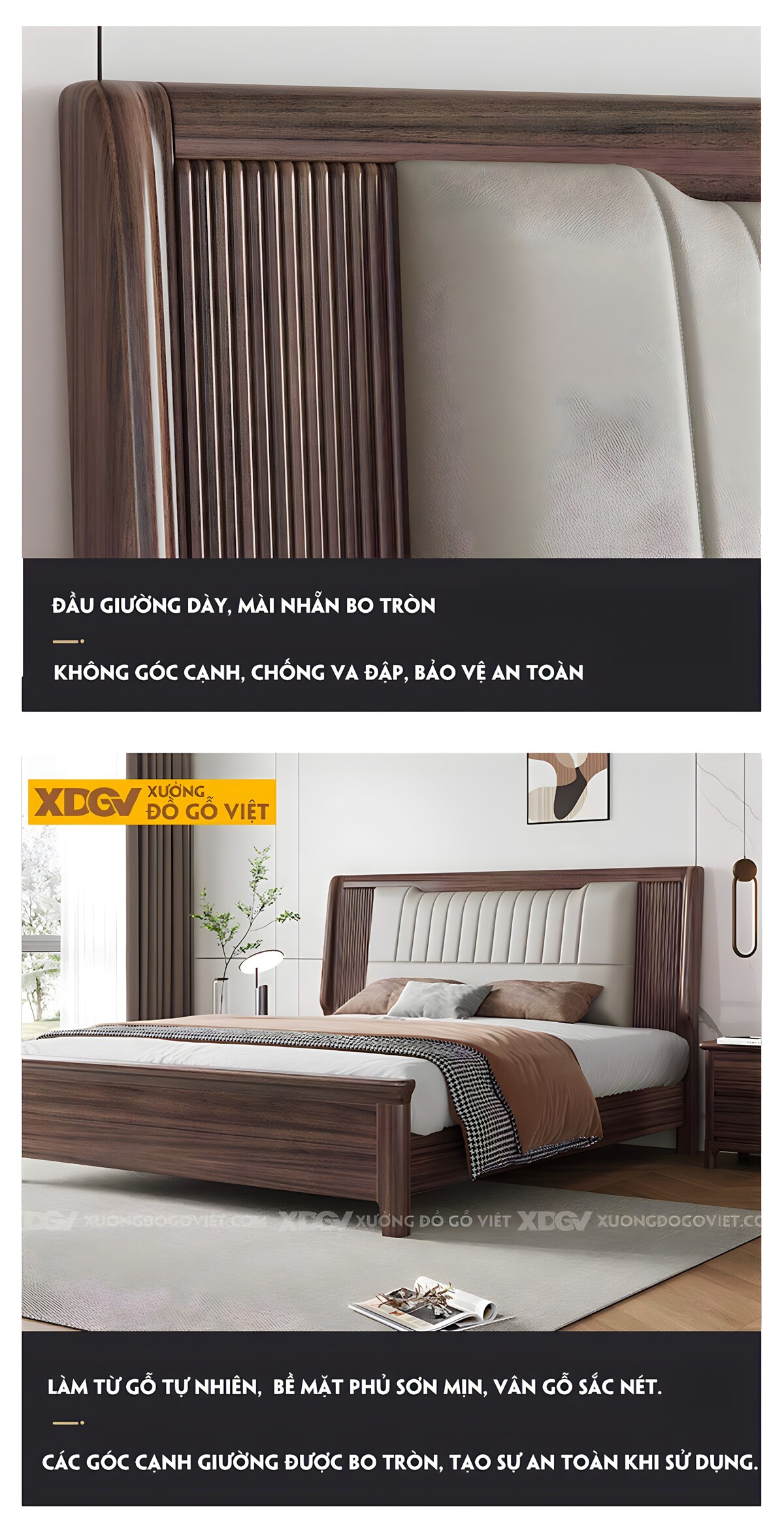 Giường Ngủ Gỗ Óc Chó Hiện Đại Đầu Bọc Đệm Múi Dọc Đối Xứng