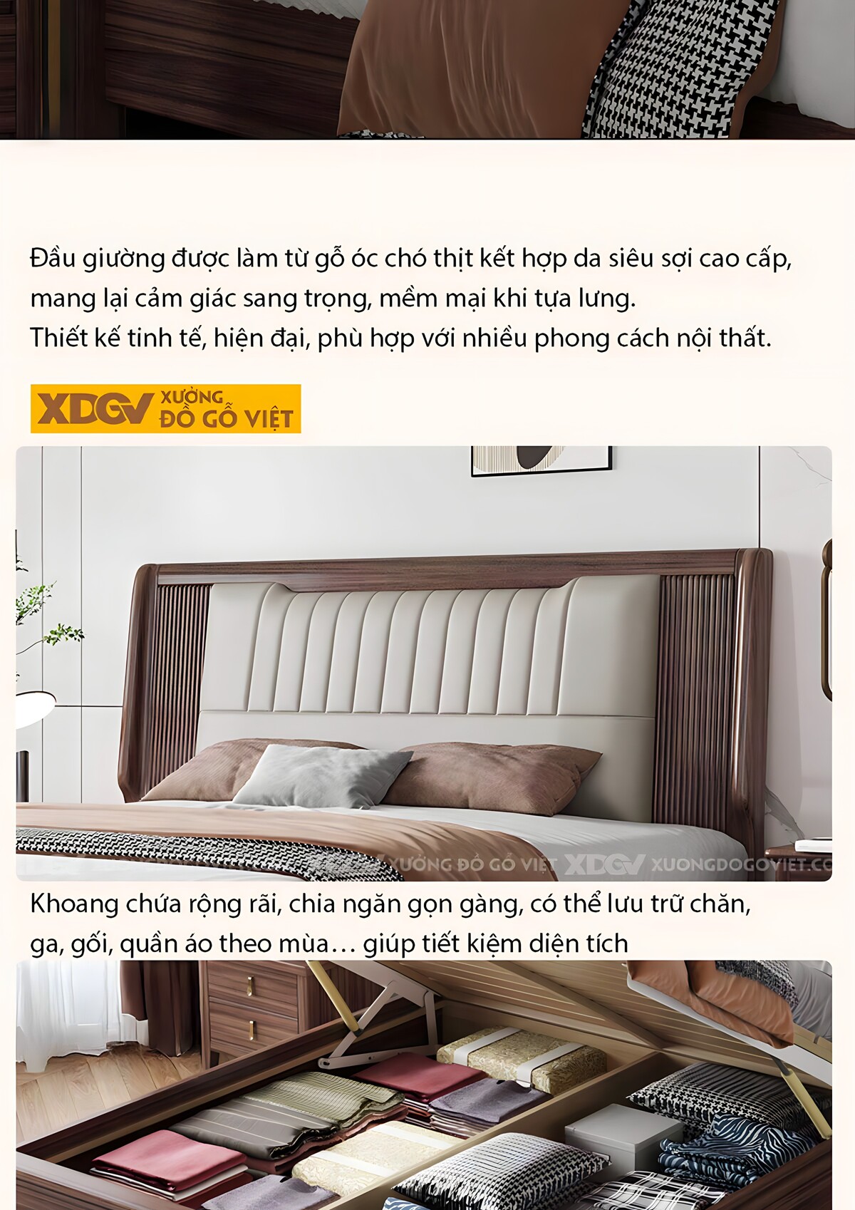 Giường Ngủ Gỗ Óc Chó Hiện Đại Đầu Bọc Đệm Múi Dọc Đối Xứng