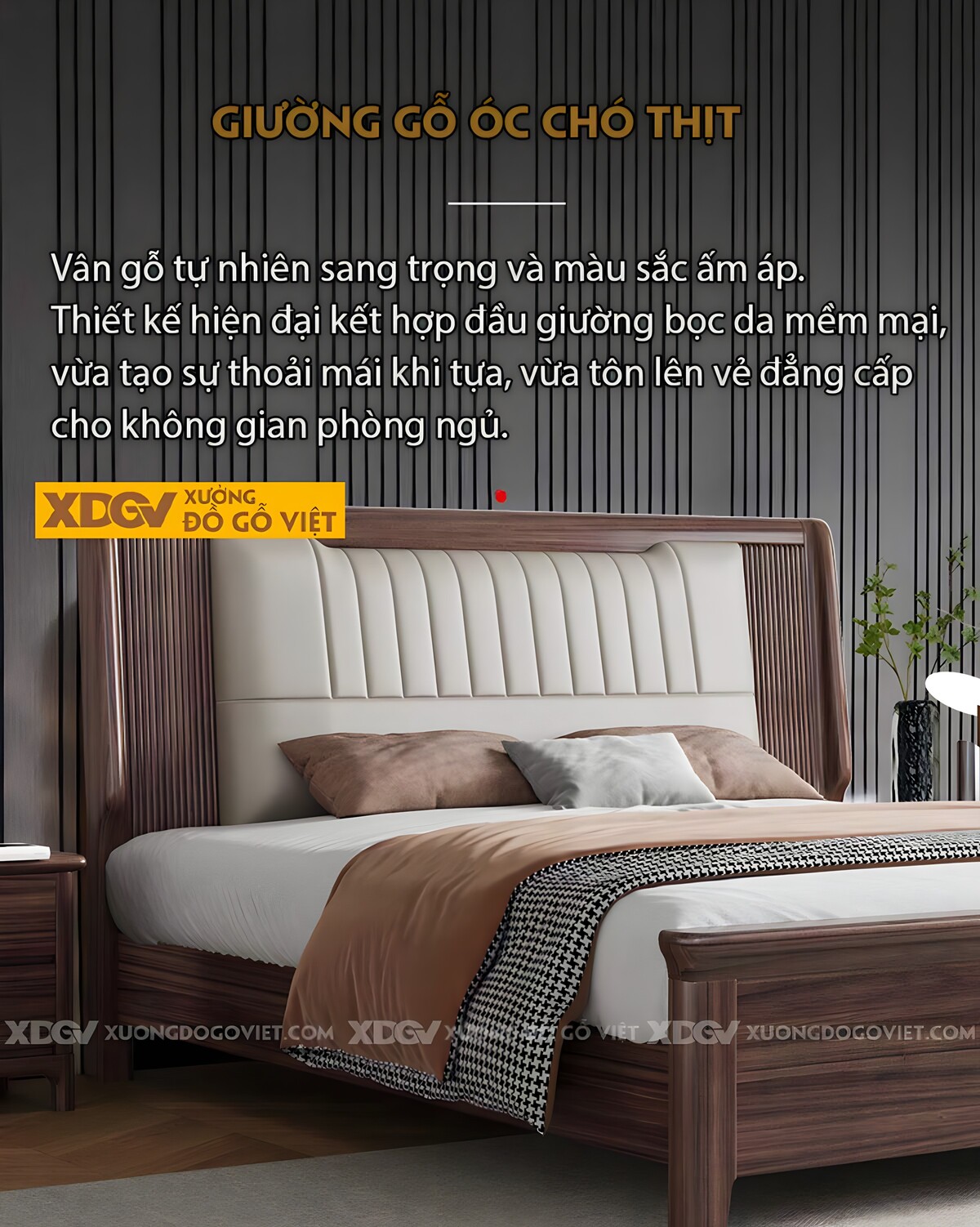 Giường Ngủ Gỗ Óc Chó Hiện Đại Đầu Bọc Đệm Múi Dọc Đối Xứng