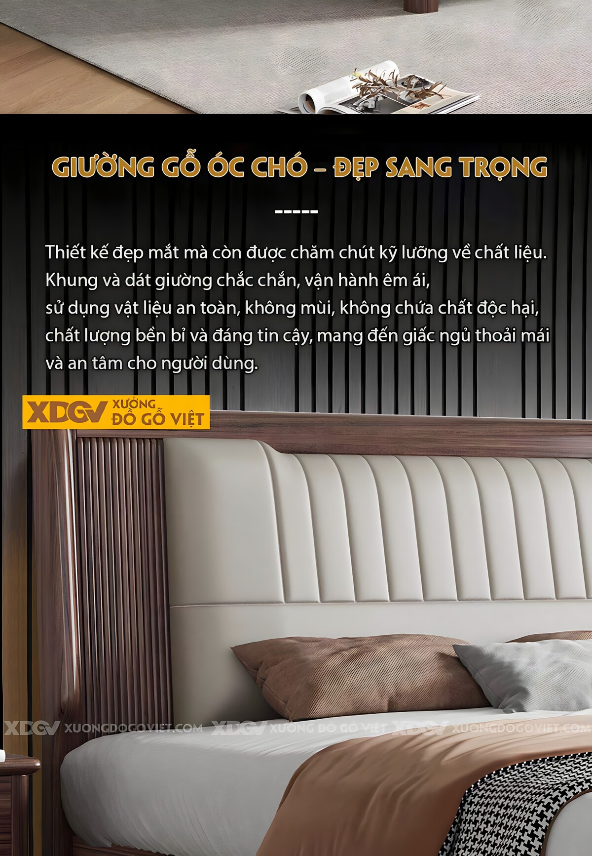 Giường Ngủ Gỗ Óc Chó Hiện Đại Đầu Bọc Đệm Múi Dọc Đối Xứng