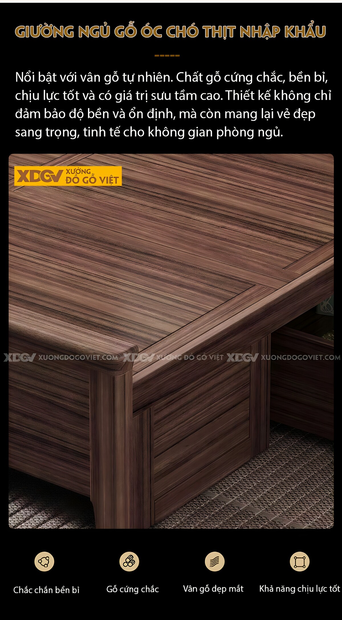 Giường Ngủ Gỗ Óc Chó Hiện Đại Đầu Bọc Đệm Múi Dọc Đối Xứng