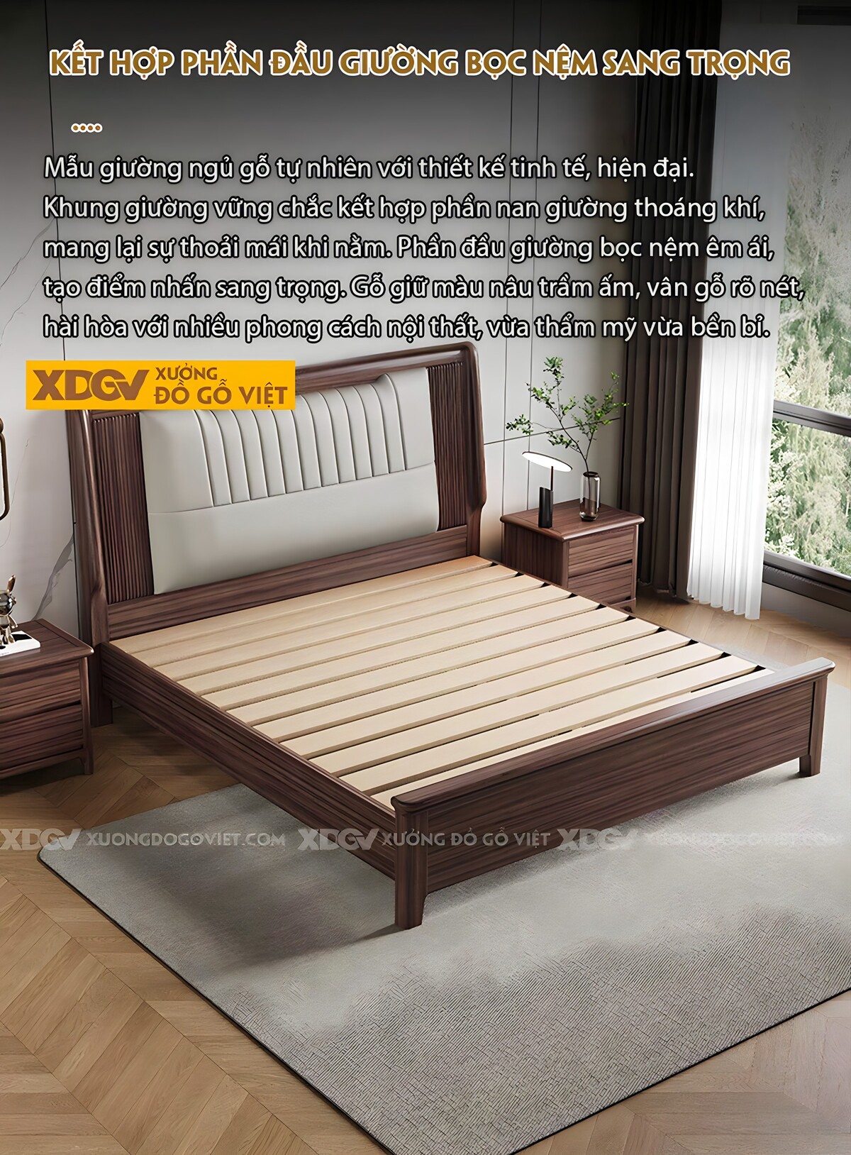 Giường Ngủ Gỗ Óc Chó Hiện Đại Đầu Bọc Đệm Múi Dọc Đối Xứng