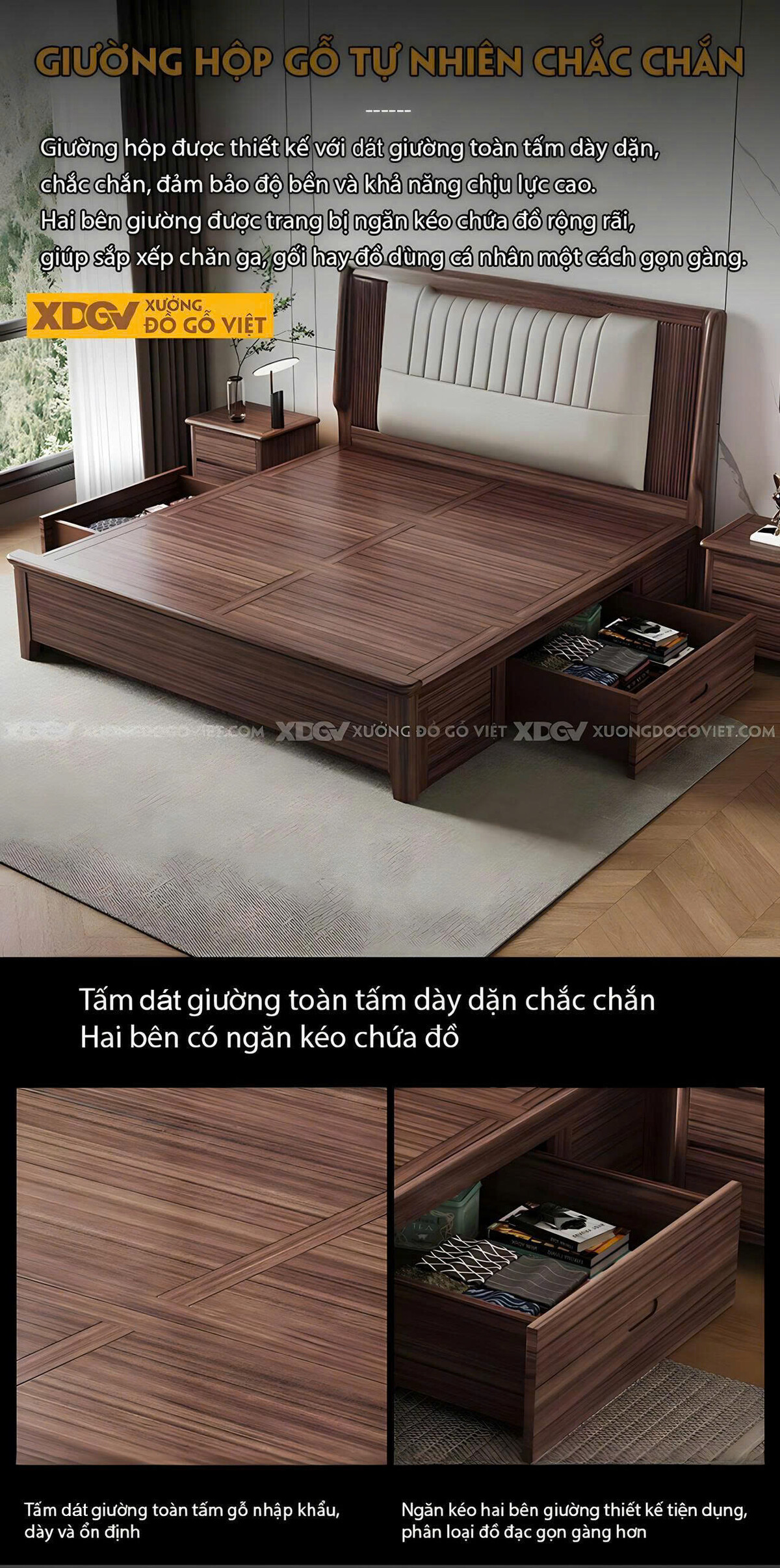 Giường Ngủ Gỗ Óc Chó Hiện Đại Đầu Bọc Đệm Múi Dọc Đối Xứng