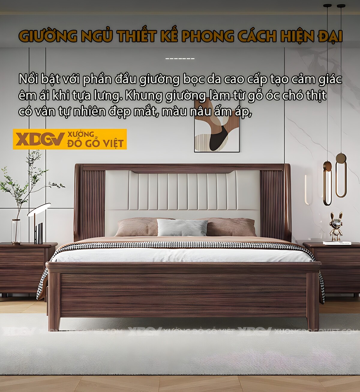 Giường Ngủ Gỗ Óc Chó Hiện Đại Đầu Bọc Đệm Múi Dọc Đối Xứng
