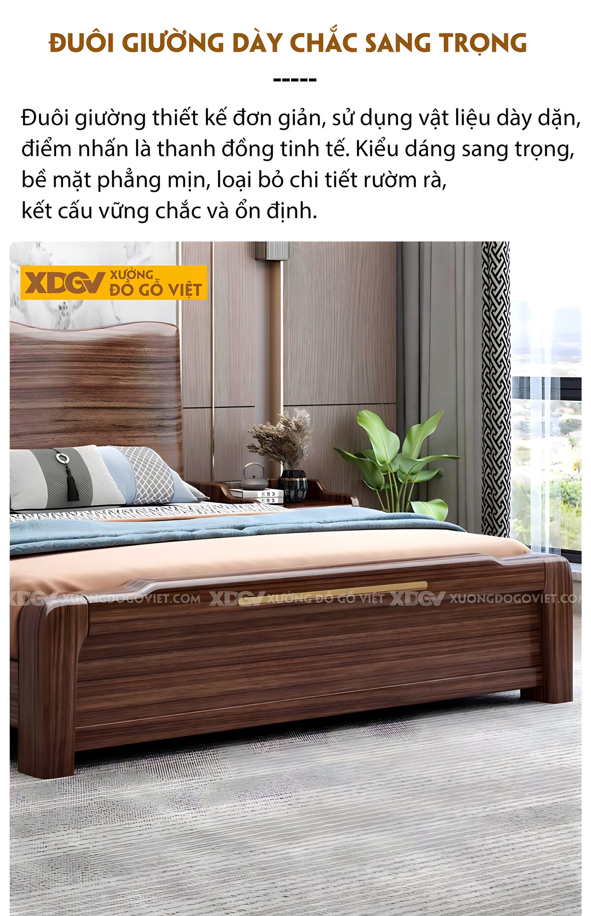 Giường Ngủ Gỗ Óc Chó Hiện Đại Đầu Lượn Sóng Vững Chải