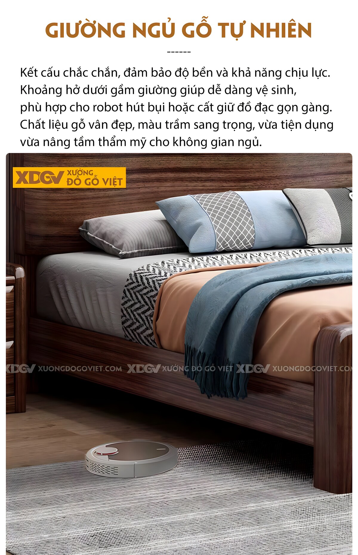 Giường Ngủ Gỗ Óc Chó Hiện Đại Đầu Lượn Sóng Vững Chải