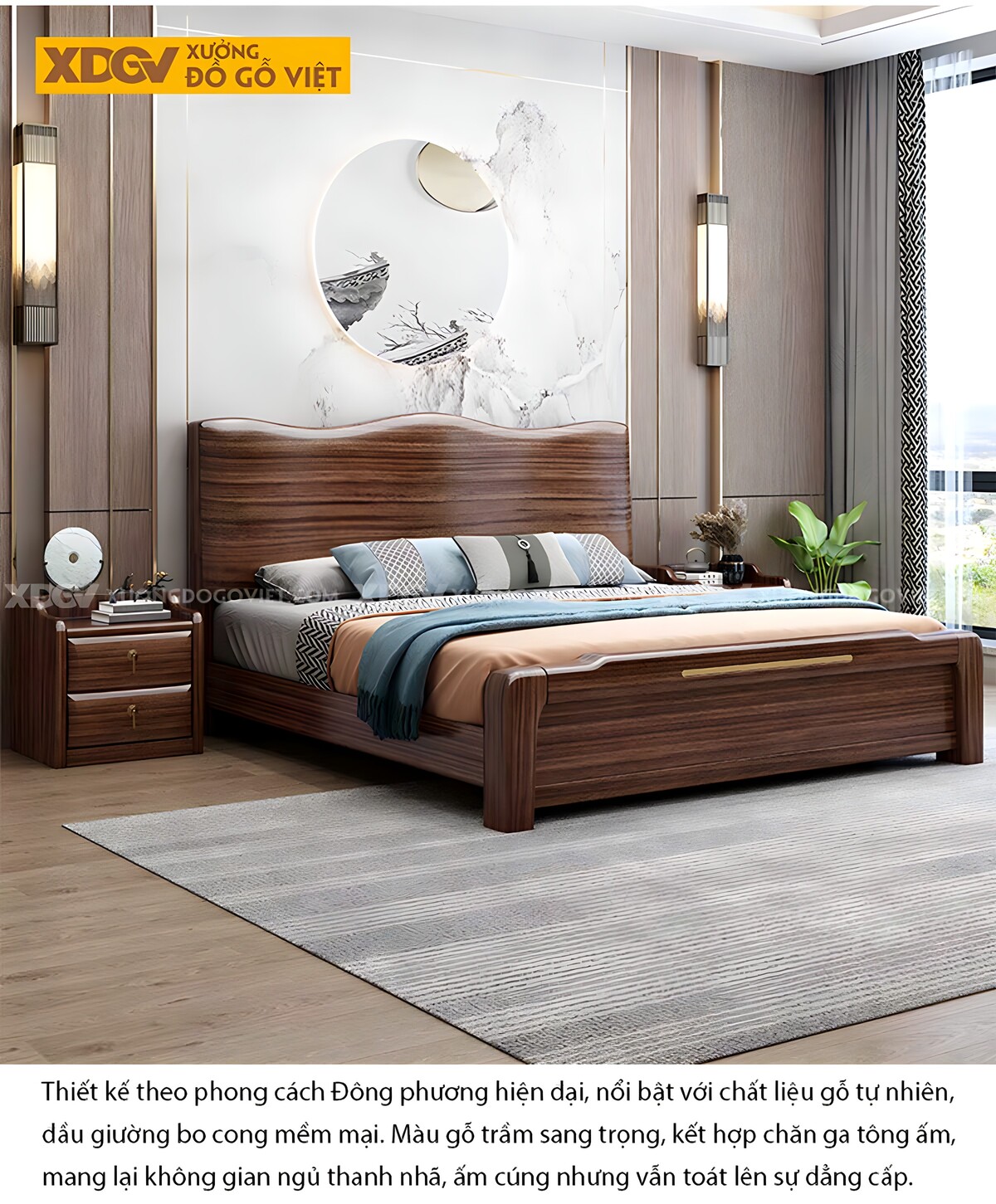 Giường Ngủ Gỗ Óc Chó Hiện Đại Đầu Lượn Sóng Vững Chải