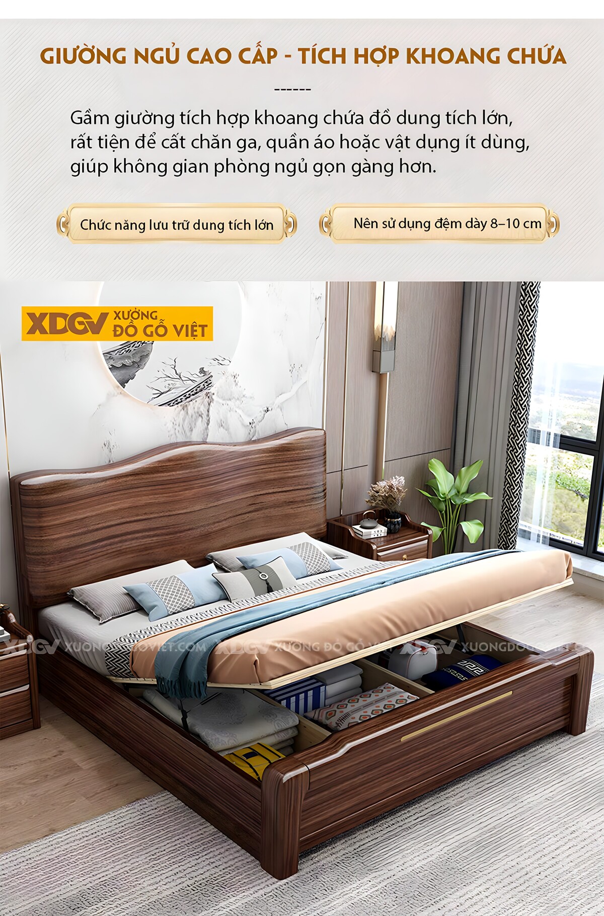 Giường Ngủ Gỗ Óc Chó Hiện Đại Đầu Lượn Sóng Vững Chải