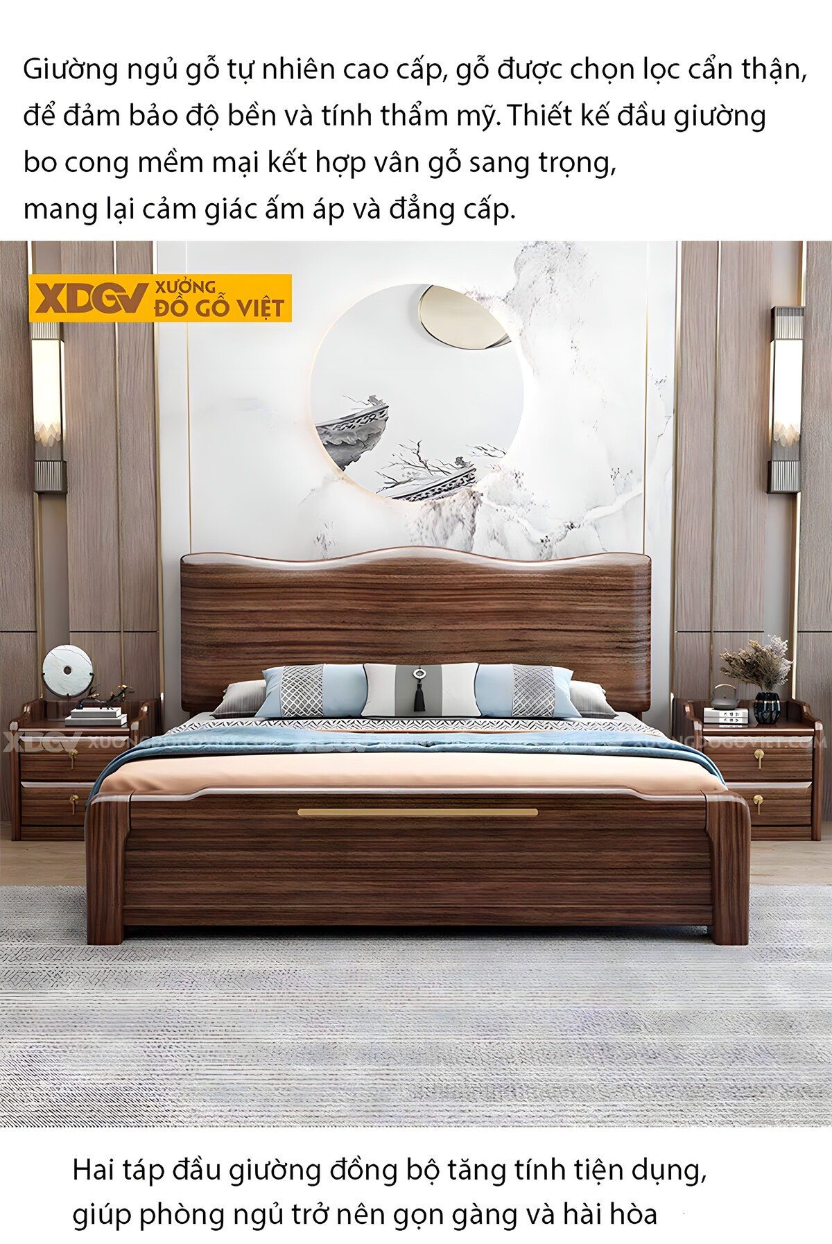 Giường Ngủ Gỗ Óc Chó Hiện Đại Đầu Lượn Sóng Vững Chải