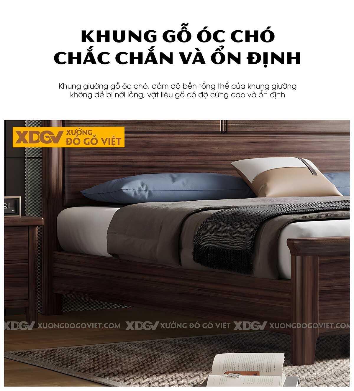 Giường Ngủ Gỗ Óc Chó Hiện Đại Đầu Vòm Viền Sóng Đôi