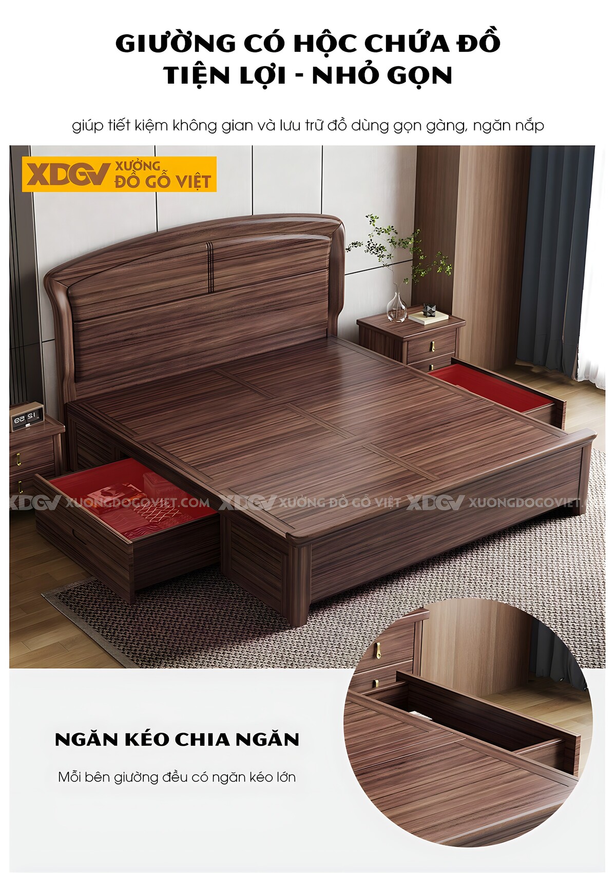 Giường Ngủ Gỗ Óc Chó Hiện Đại Đầu Vòm Viền Sóng Đôi