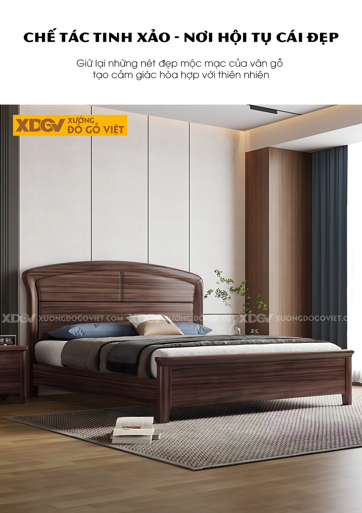 Giường Ngủ Gỗ Óc Chó Hiện Đại Đầu Vòm Viền Sóng Đôi