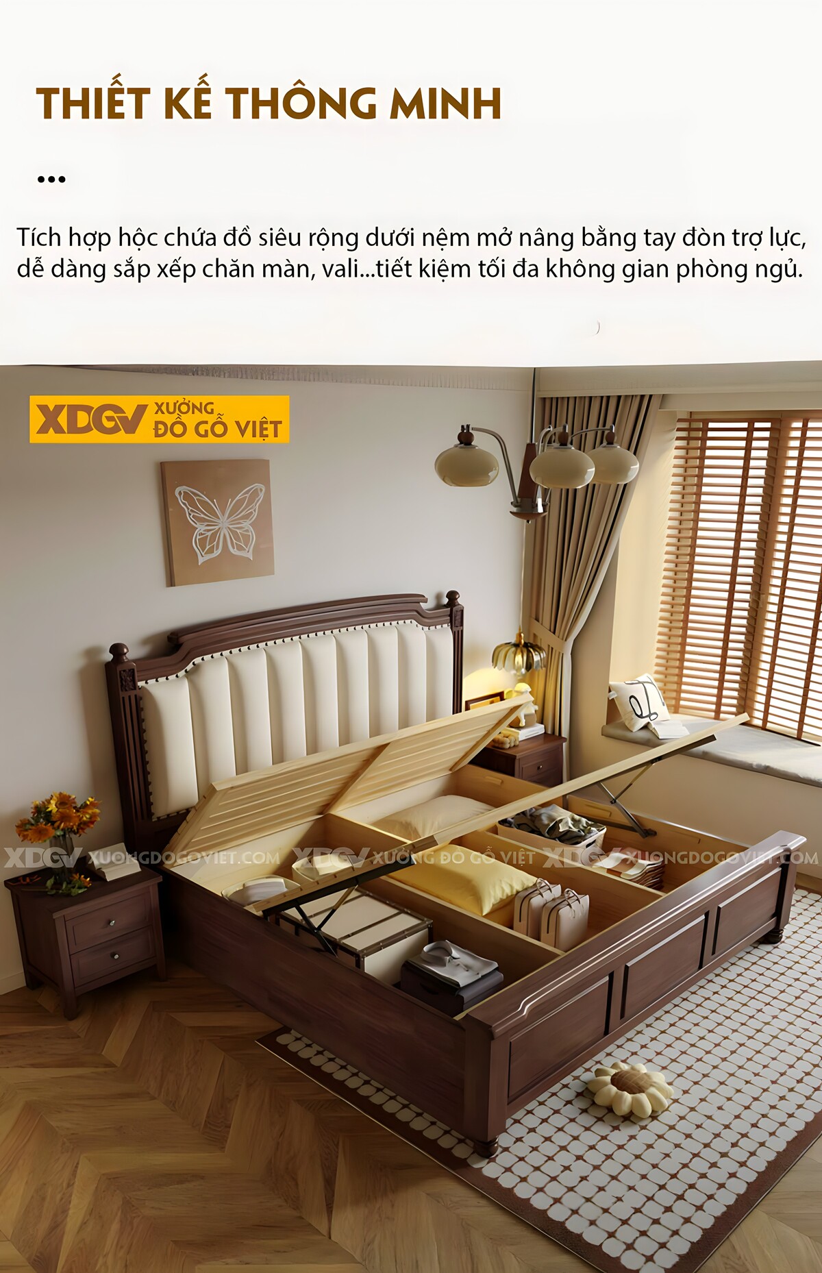 Giường Ngủ Gỗ Óc Chó Hoàng Gia Chân Tì Đầu Bọc Nệm Viền Đinh
