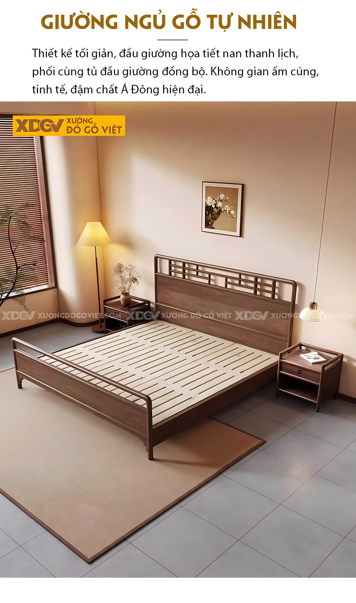 Giường Ngủ Gỗ Óc Chó Japandi Á Đông Họa Tiết Song Cửa