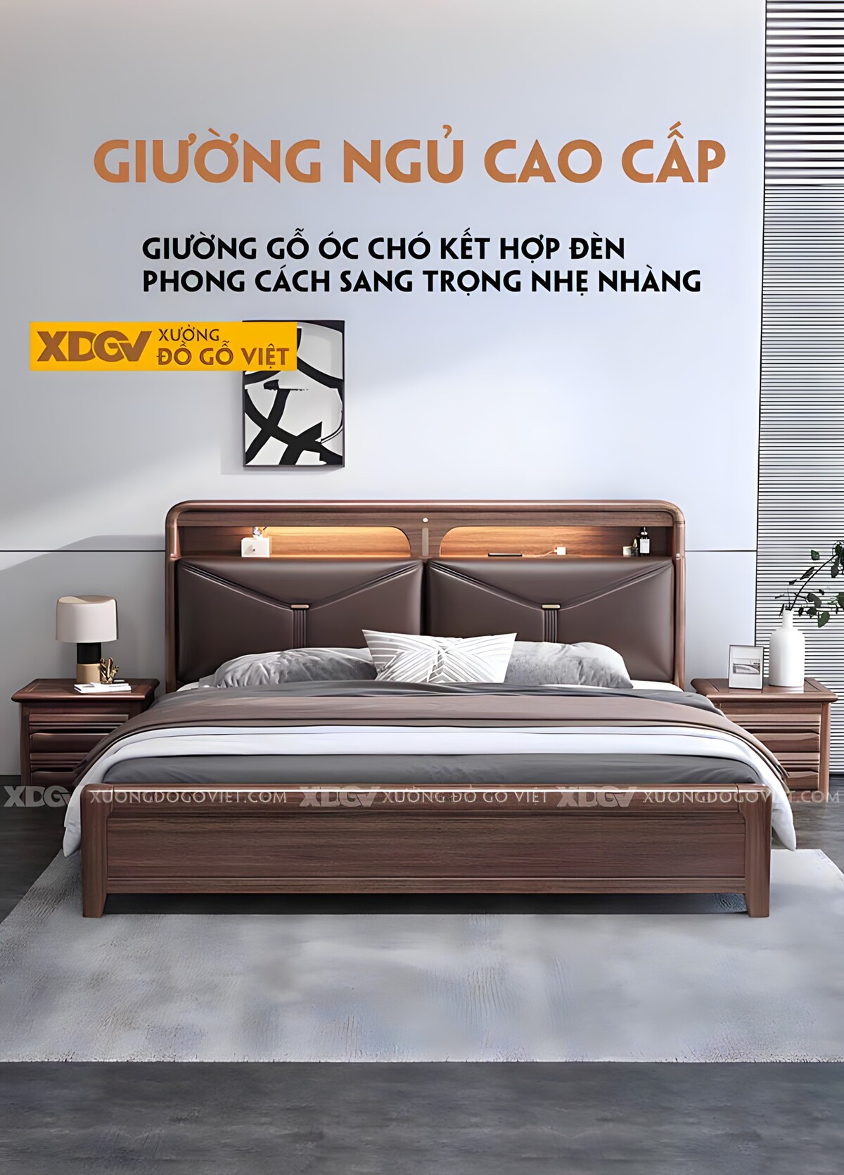 Giường Ngủ Gỗ Óc Chó Kệ Đầu Giường 2 Ngăn Có Nệm Bọc Vải