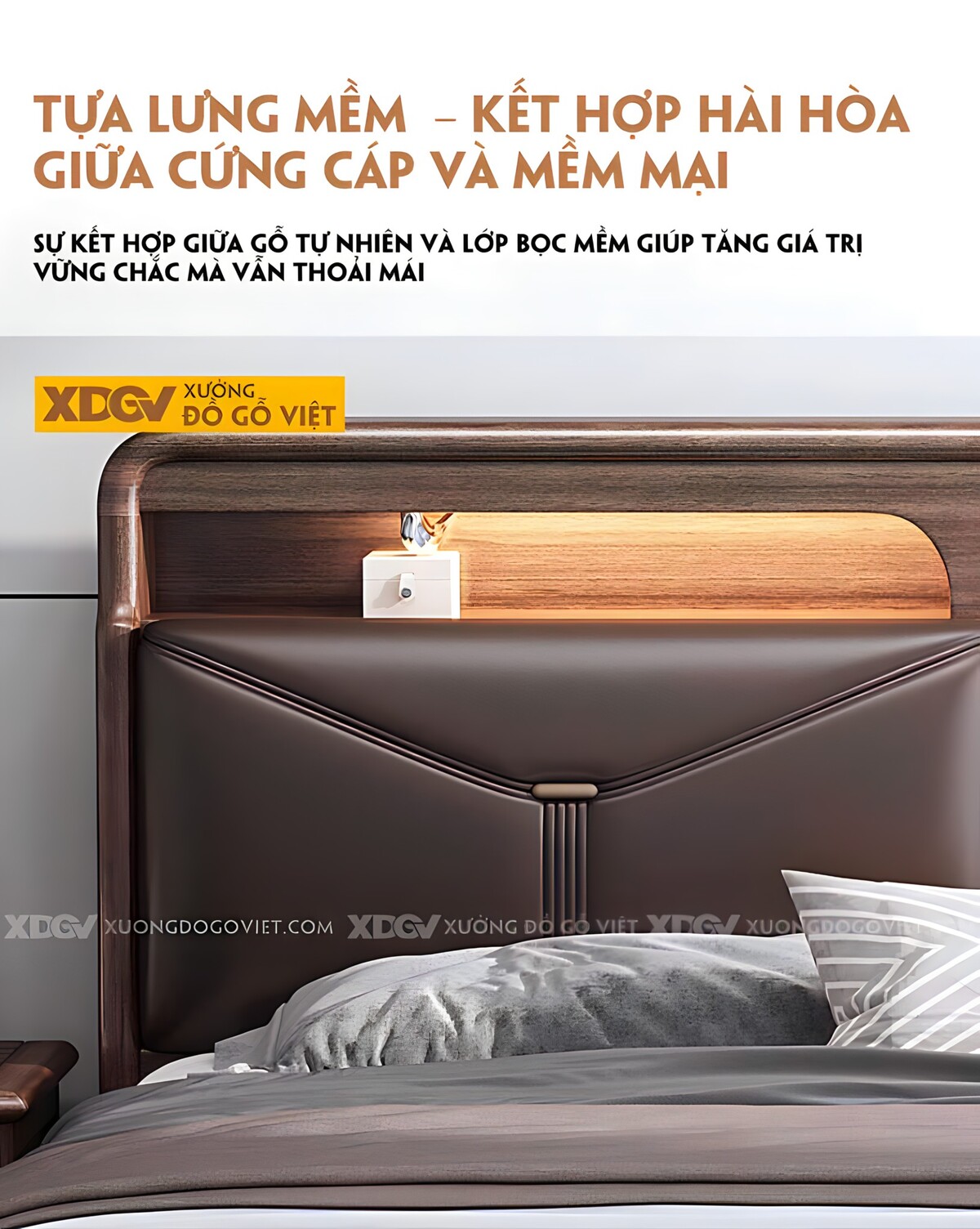 Giường Ngủ Gỗ Óc Chó Kệ Đầu Giường 2 Ngăn Có Nệm Bọc Vải