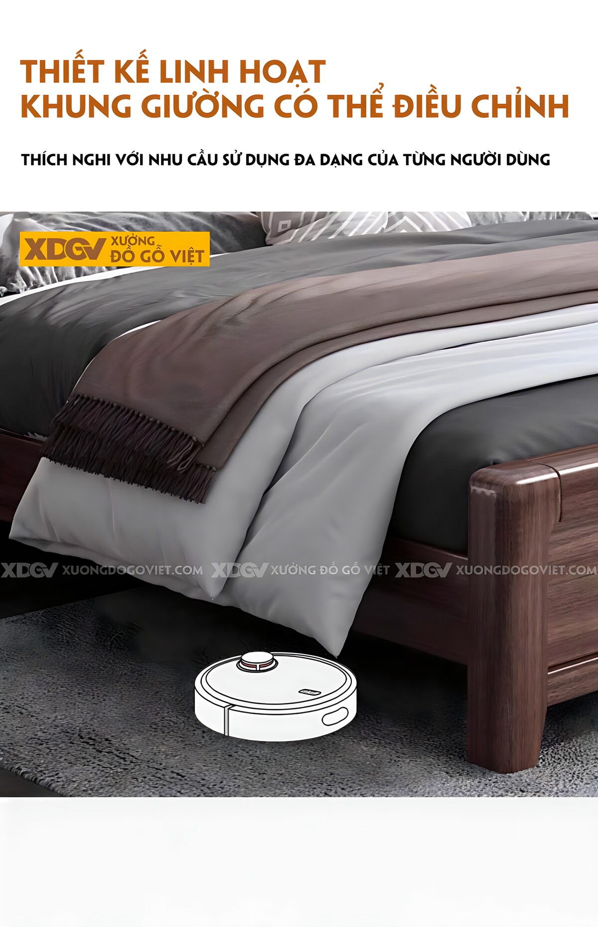 Giường Ngủ Gỗ Óc Chó Kệ Đầu Giường 2 Ngăn Có Nệm Bọc Vải