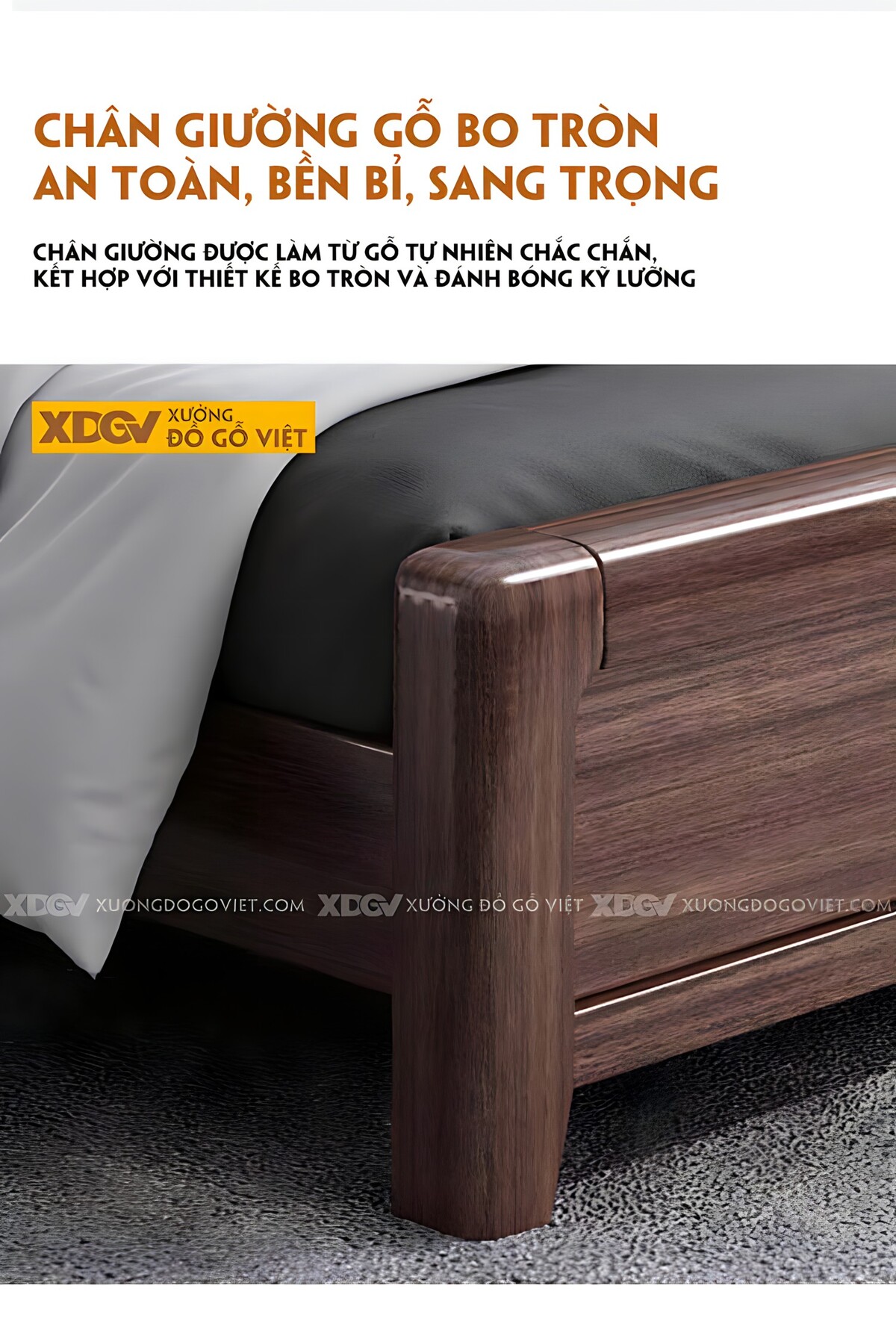 Giường Ngủ Gỗ Óc Chó Kệ Đầu Giường 2 Ngăn Có Nệm Bọc Vải