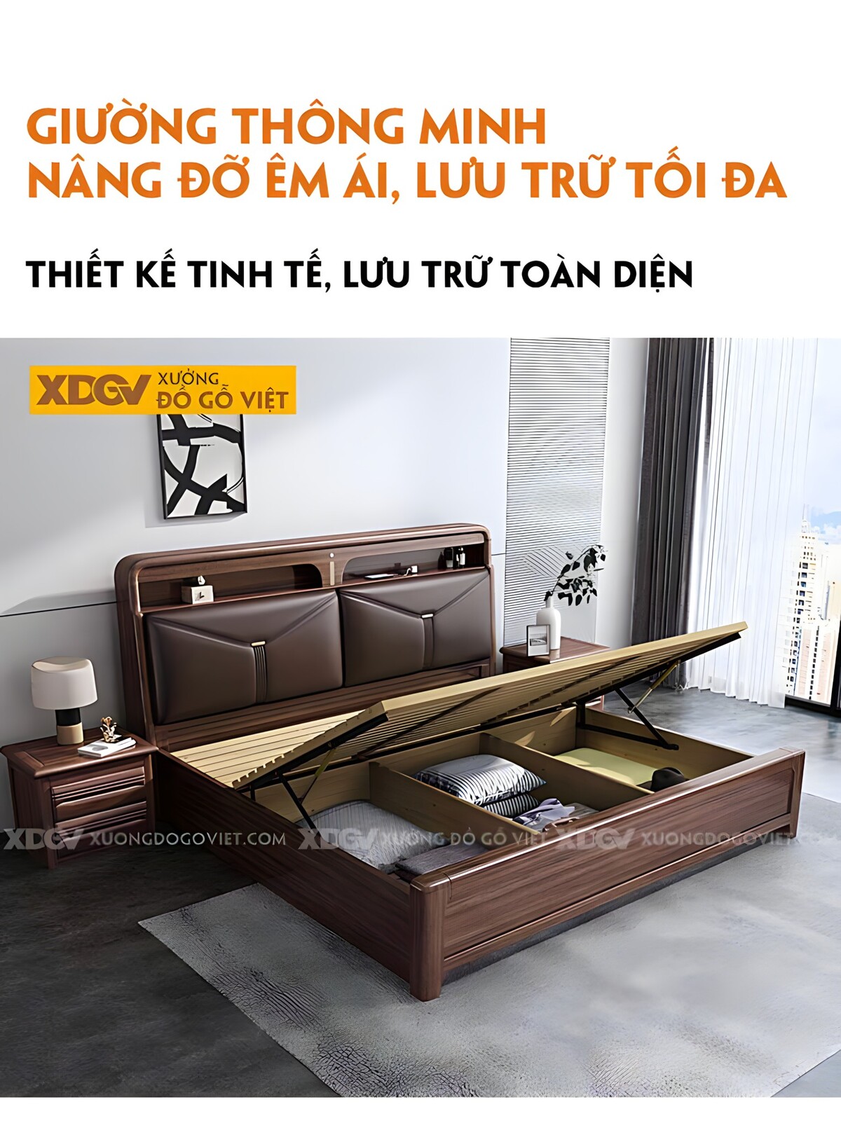 Giường Ngủ Gỗ Óc Chó Kệ Đầu Giường 2 Ngăn Có Nệm Bọc Vải