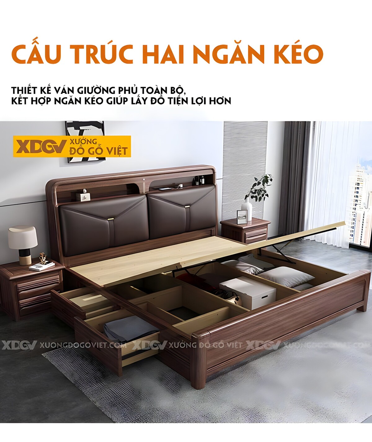 Giường Ngủ Gỗ Óc Chó Kệ Đầu Giường 2 Ngăn Có Nệm Bọc Vải